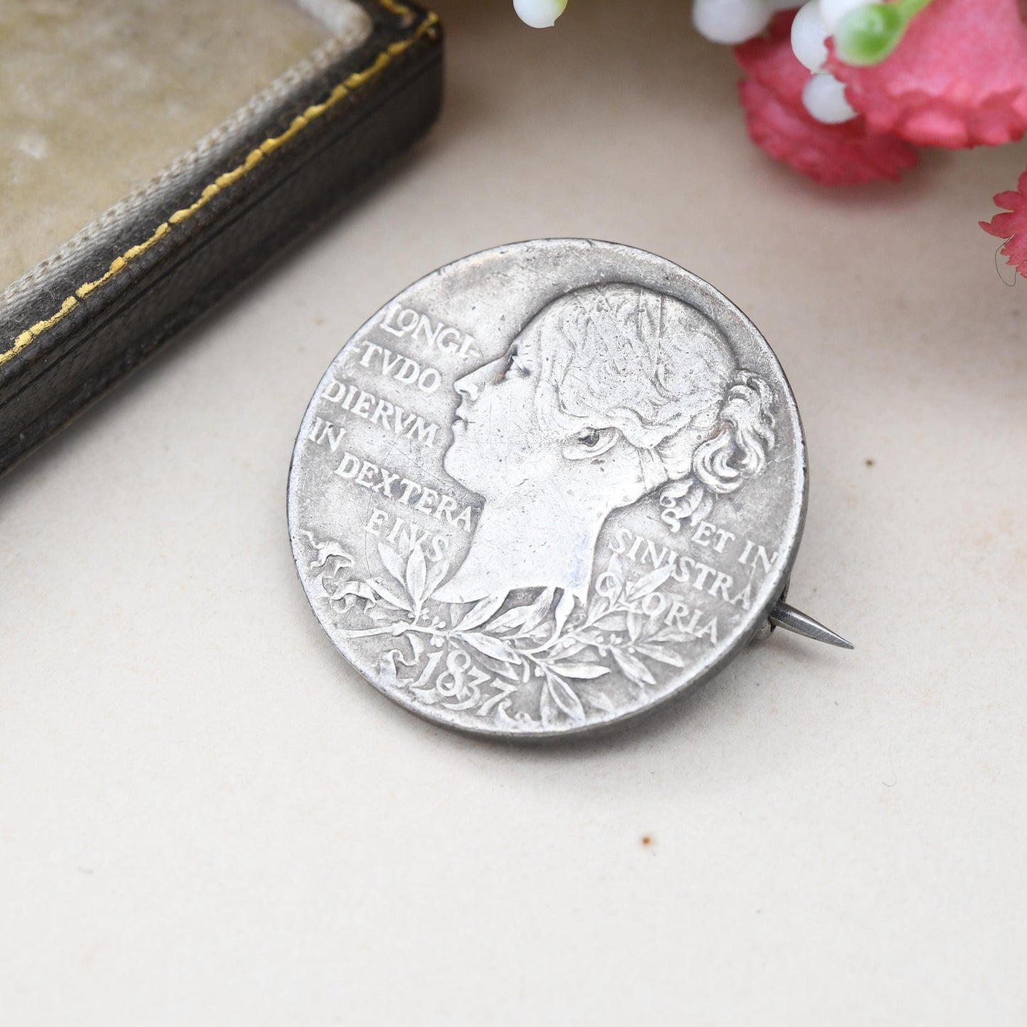 Antique Victoria Diamond Jubilee Silver Medallion Brooch 1837 1867 - Small Young Head Jubilee Head Medal Token | Silver Coin Jewellery