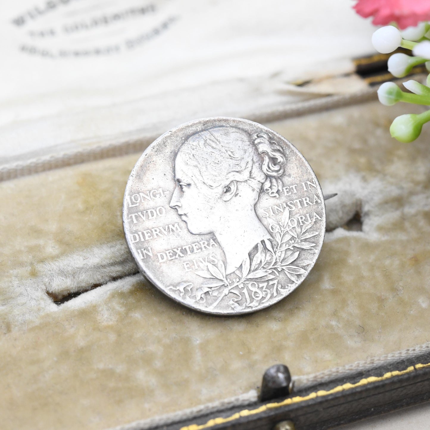 Antique Victoria Diamond Jubilee Silver Medallion Brooch 1837 1867 - Small Young Head Jubilee Head Medal Token | Silver Coin Jewellery