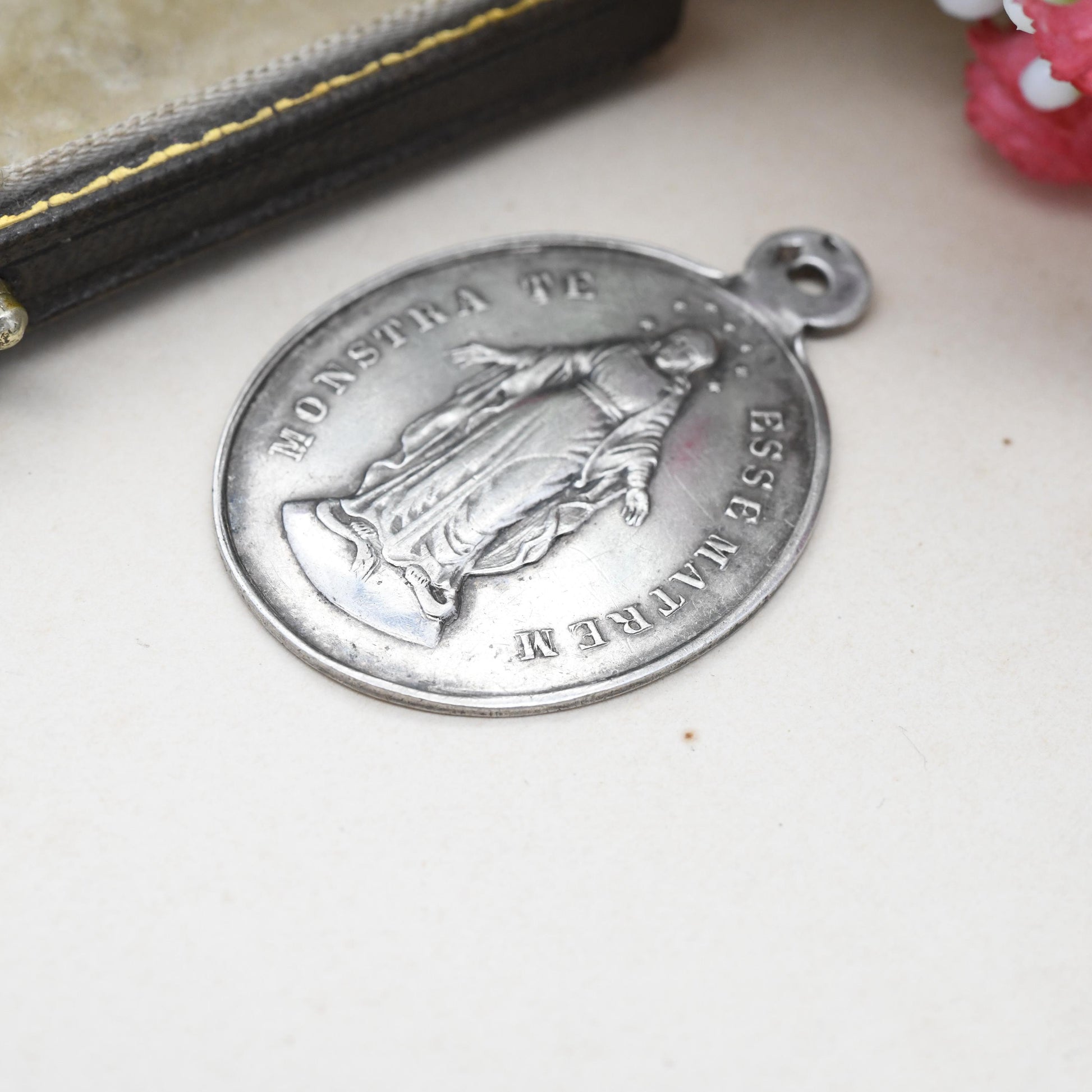 Vintage French Silver Virgin Mary Pendant 1931 - Latin Matrem Show That You Are Mother Congregation of the Children of Mary Christian Medal
