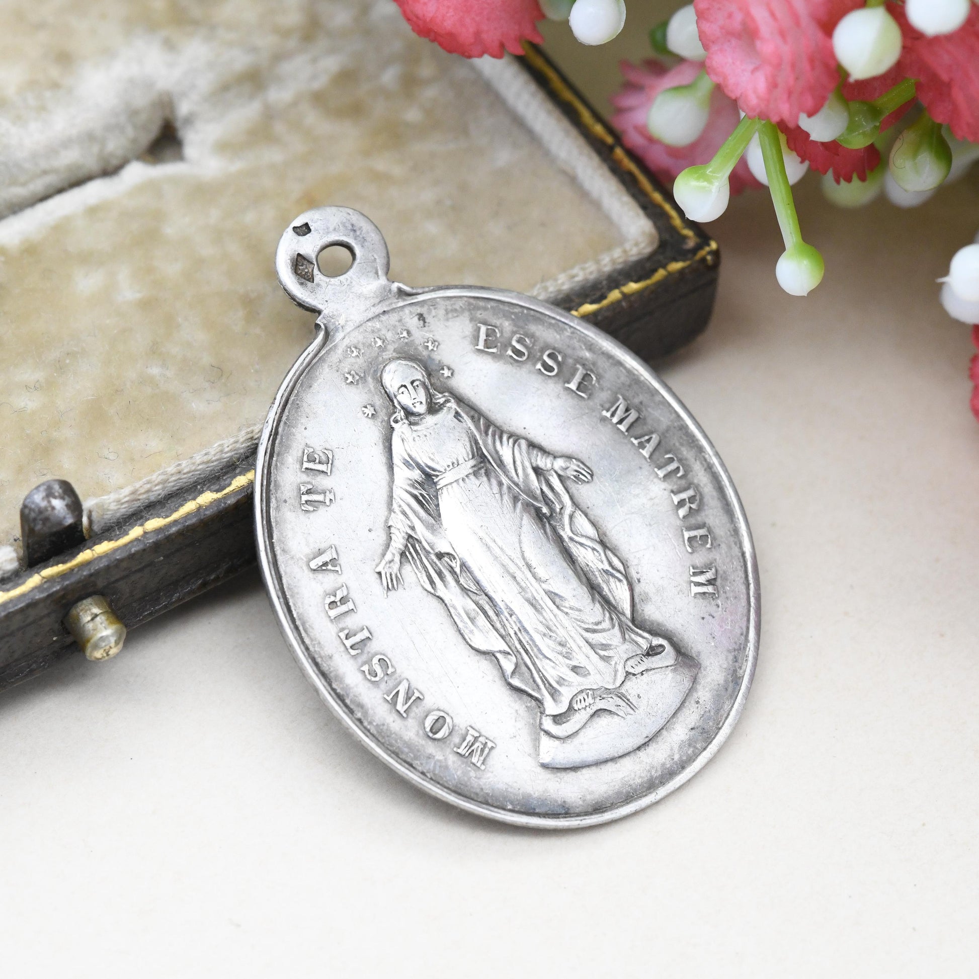 Vintage French Silver Virgin Mary Pendant 1931 - Latin Matrem Show That You Are Mother Congregation of the Children of Mary Christian Medal