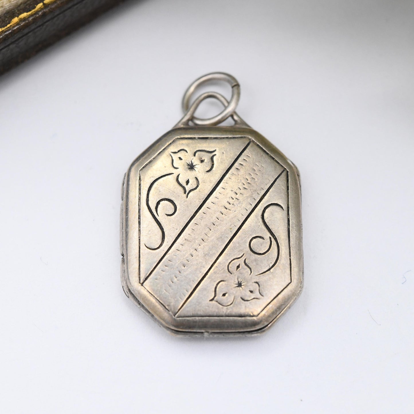 Antique Silver Locket Pendant Necklace with Engraved Flower Design - Rectangle Octagon Shape | Pretty Silver Gift for Her