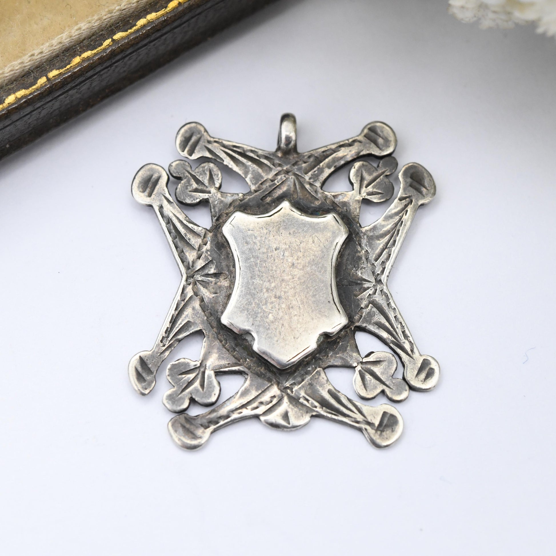 Antique Edwardian Sterling Silver Watch Fob Pendant 1908 with Blank Shield to Front - Hand-Engraved Solid Silver Jewellery Unisex Pendant