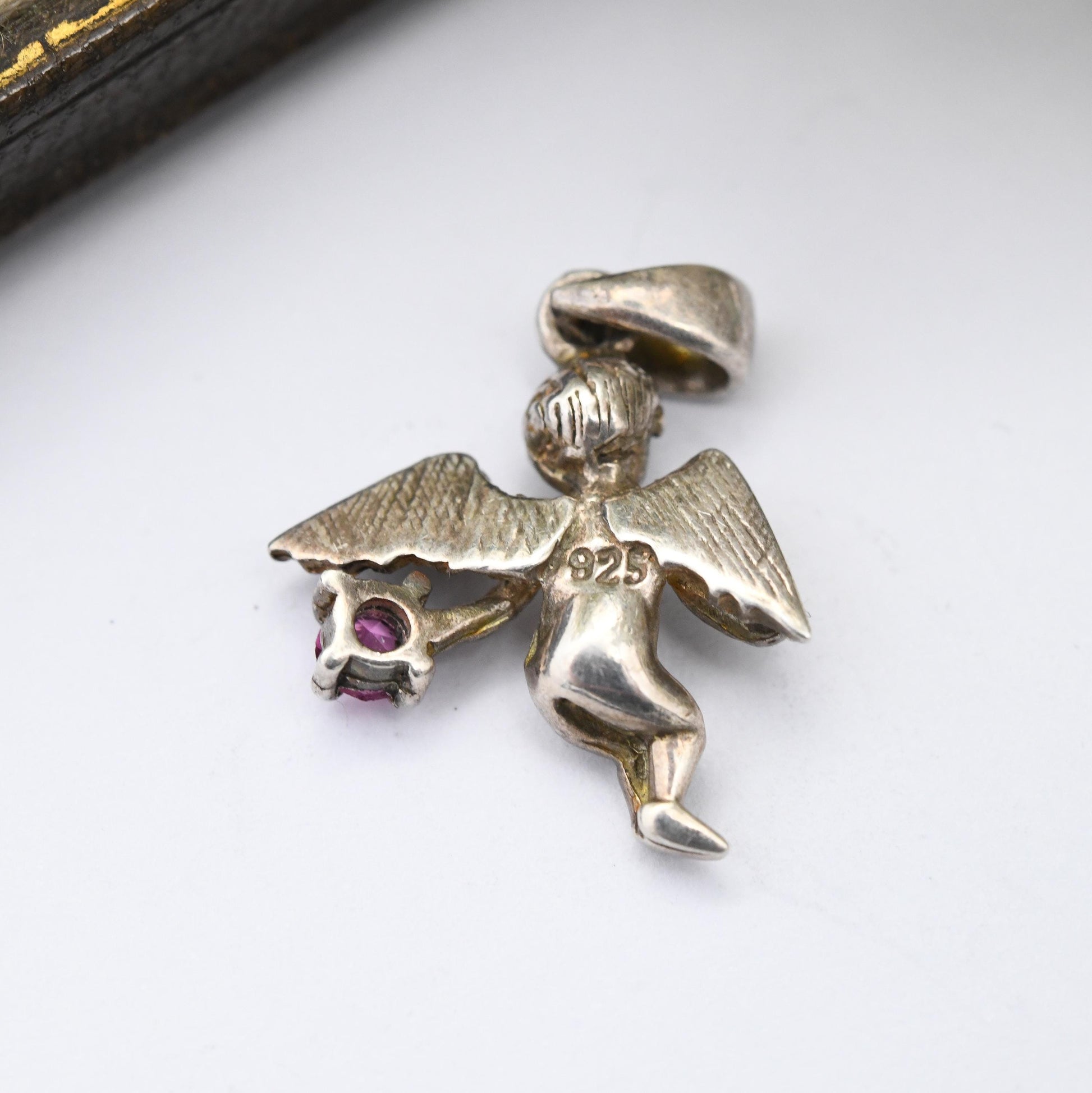 Vintage Sterling Silver Cherub Pendant with Pink Stone - Winged Baby Putti Putto | Birthday Gemstone | Gift for Charm Necklace