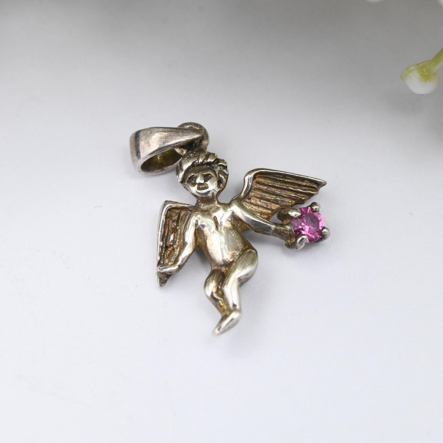 Vintage Sterling Silver Cherub Pendant with Pink Stone - Winged Baby Putti Putto | Birthday Gemstone | Gift for Charm Necklace