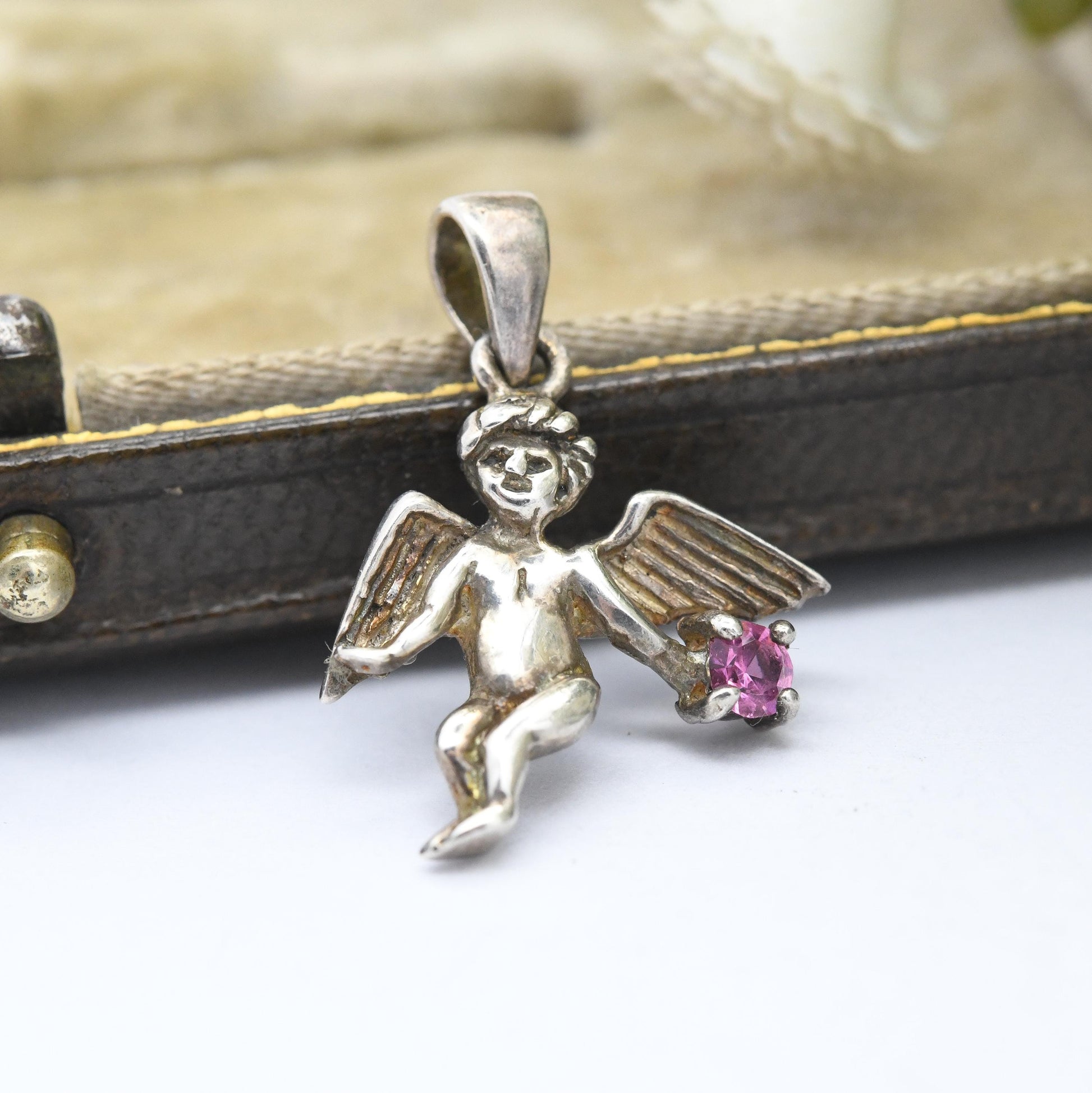 Vintage Sterling Silver Cherub Pendant with Pink Stone - Winged Baby Putti Putto | Birthday Gemstone | Gift for Charm Necklace