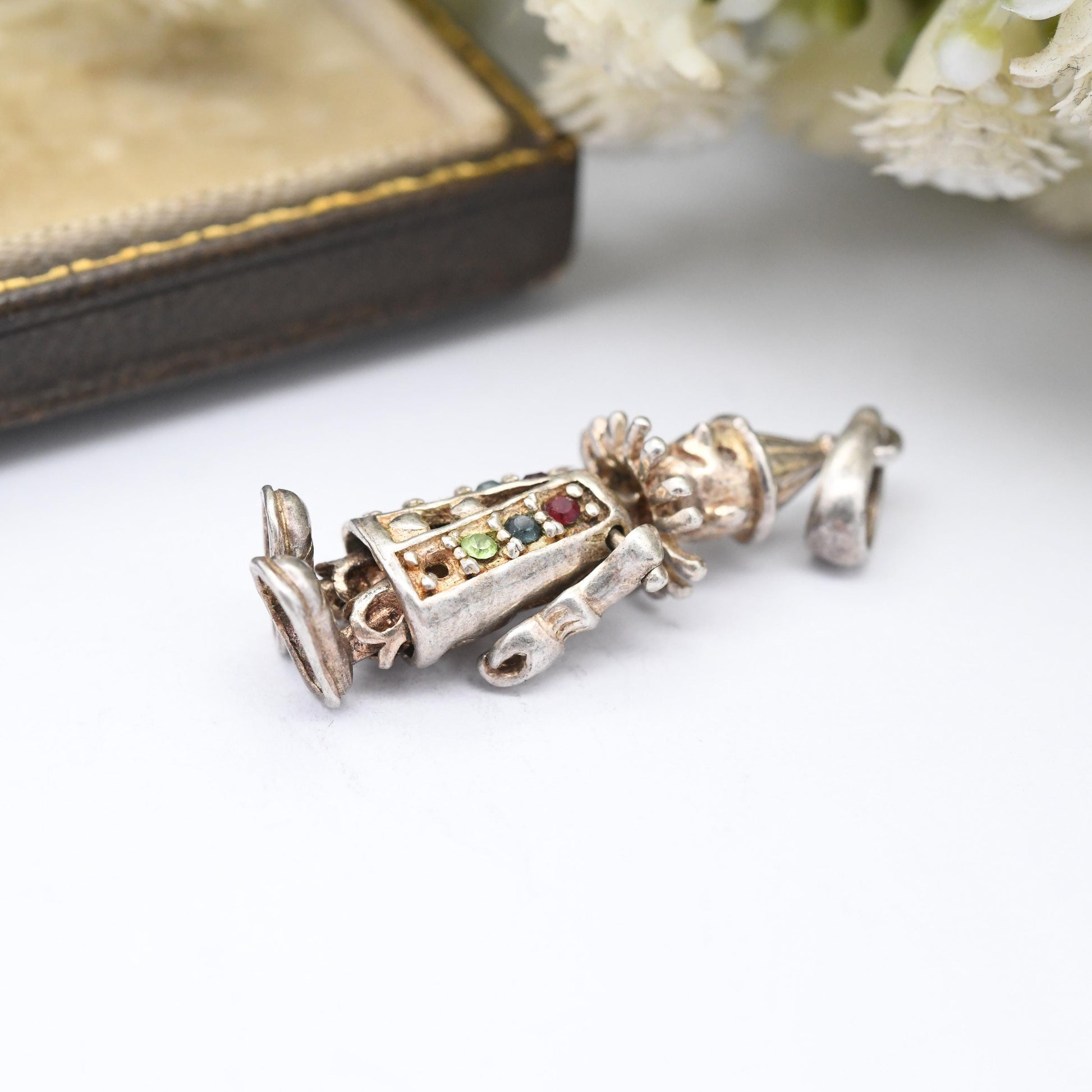 Vintage Sterling Silver Articulated Clown Pendant with Gem Buttons - Colourful Man Fun Clown Moving Arms and Legs | Unusual Silver Jewellery