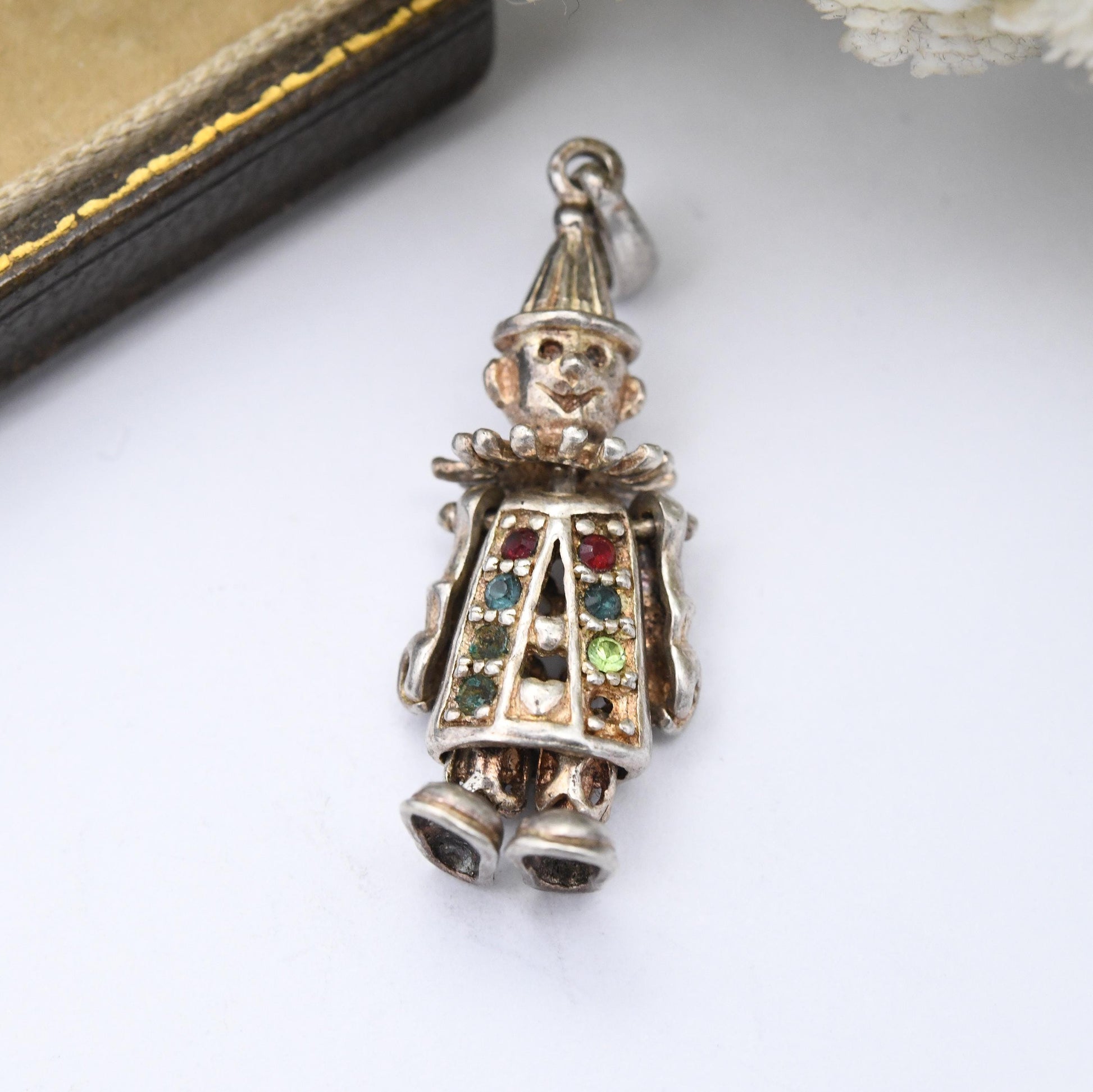 Vintage Sterling Silver Articulated Clown Pendant with Gem Buttons - Colourful Man Fun Clown Moving Arms and Legs | Unusual Silver Jewellery