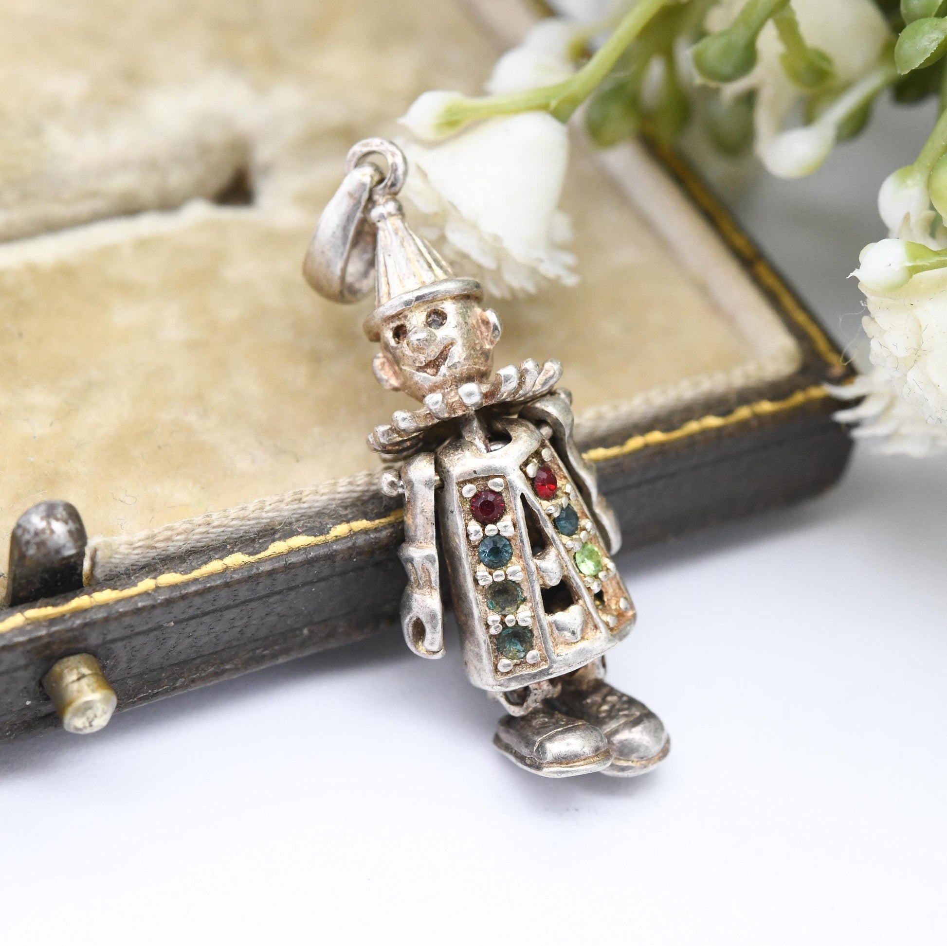 Vintage Sterling Silver Articulated Clown Pendant with Gem Buttons - Colourful Man Fun Clown Moving Arms and Legs | Unusual Silver Jewellery