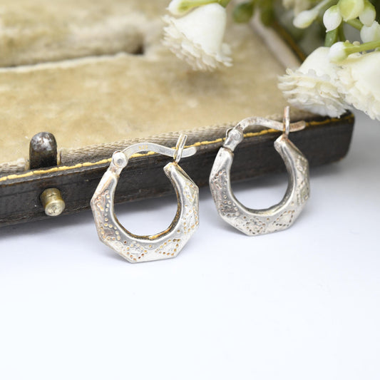 Vintage Sterling Silver Creole Hoop Earrings - Hand Punched Engraved | Latch Back Round Hoops | Chunky Little Silver Sleeper Earrings