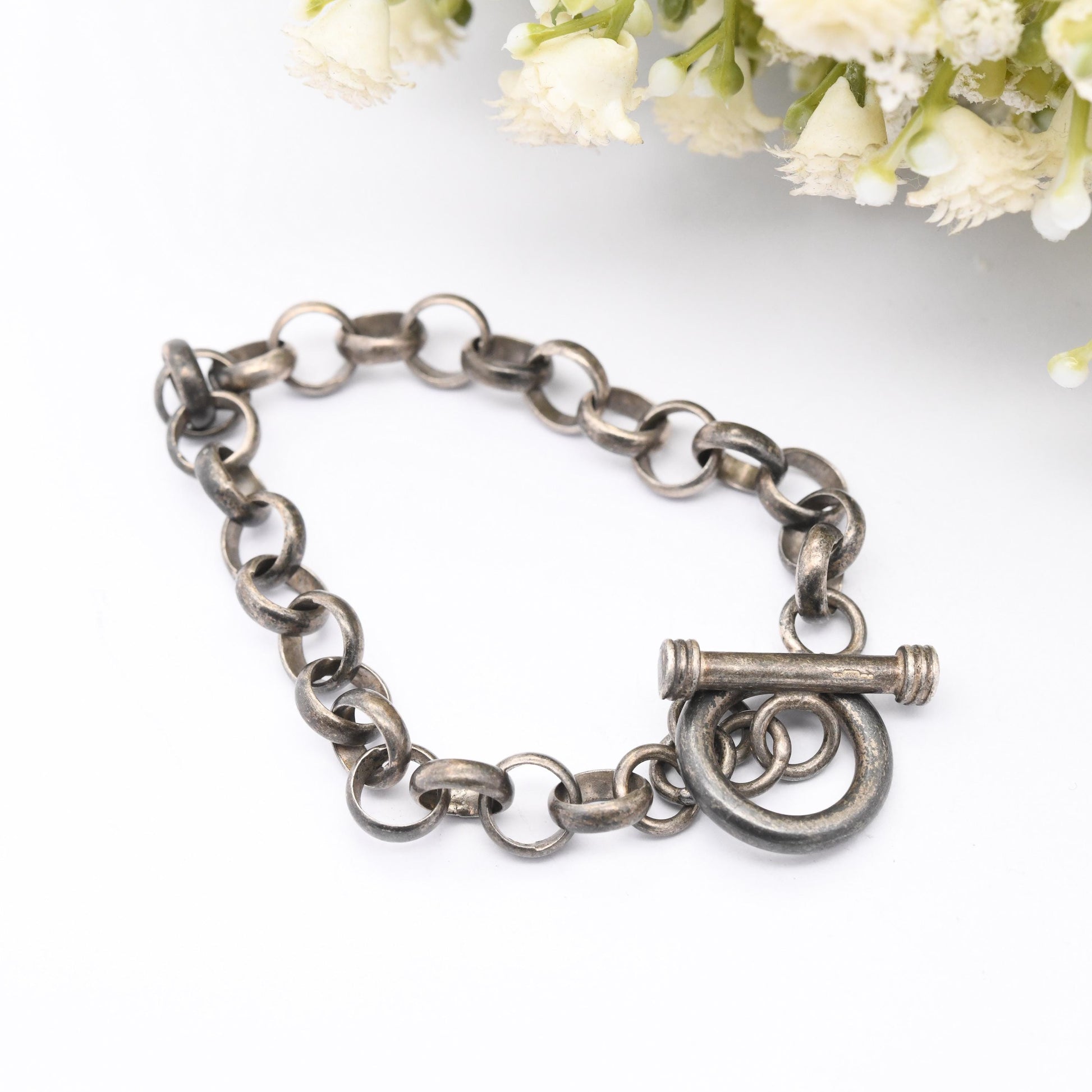 Vintage Sterling Silver Rolo Link Chain Bracelet with Toggle and Ring Clasp - Rounded Cable Links | Solid Silver Gift for Her