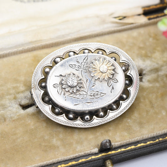 Antique Victorian Sterling Silver Aesthetic Movement Brooch with Granulated Edges - Engraved Daisy Flowers Design Gold Tone Nature Brooch