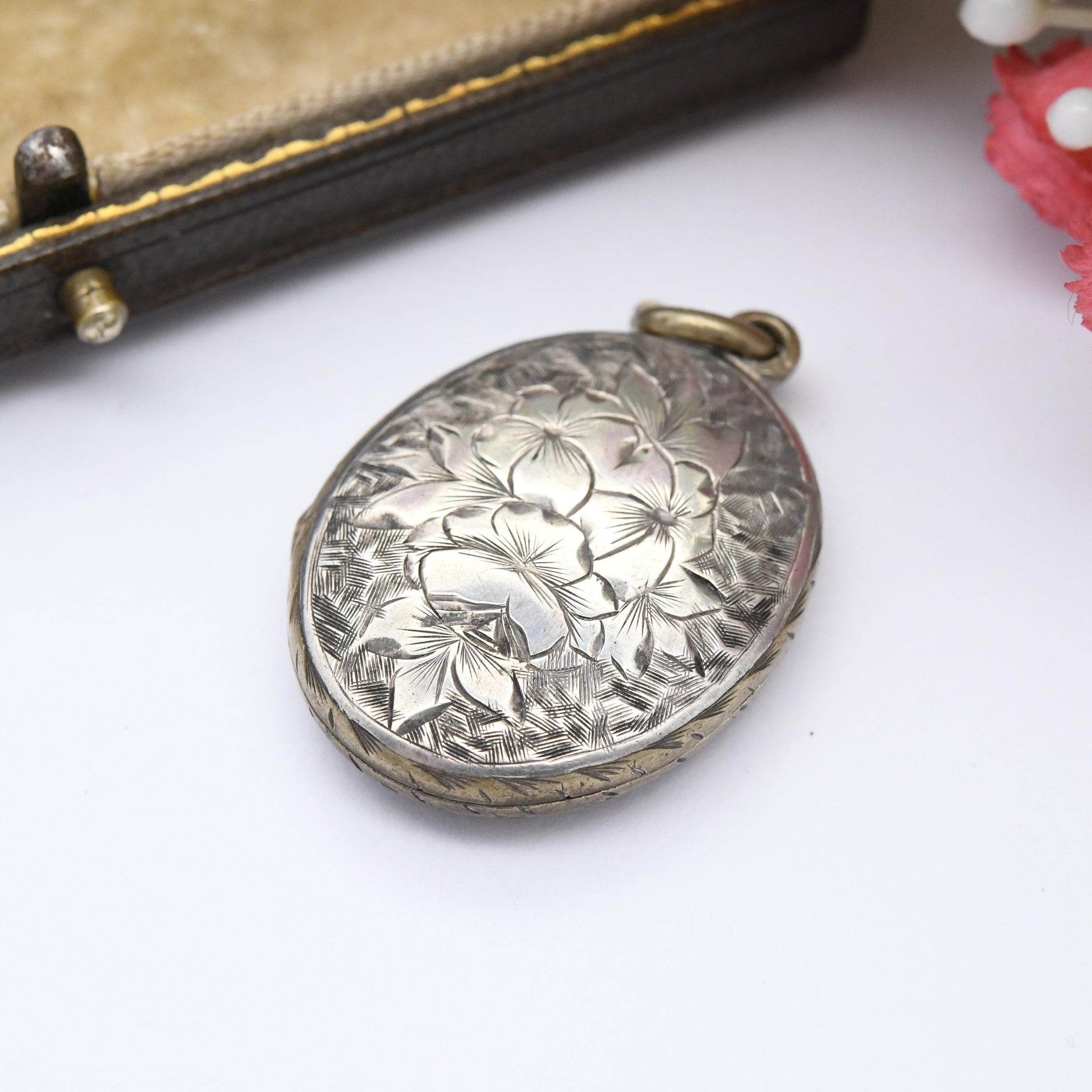 Antique Victorian Locket Pendant Sterling Silver Back and Front with Engraved Flower and Ivy Leaf Design - Oval Necklace Sentimental Gift