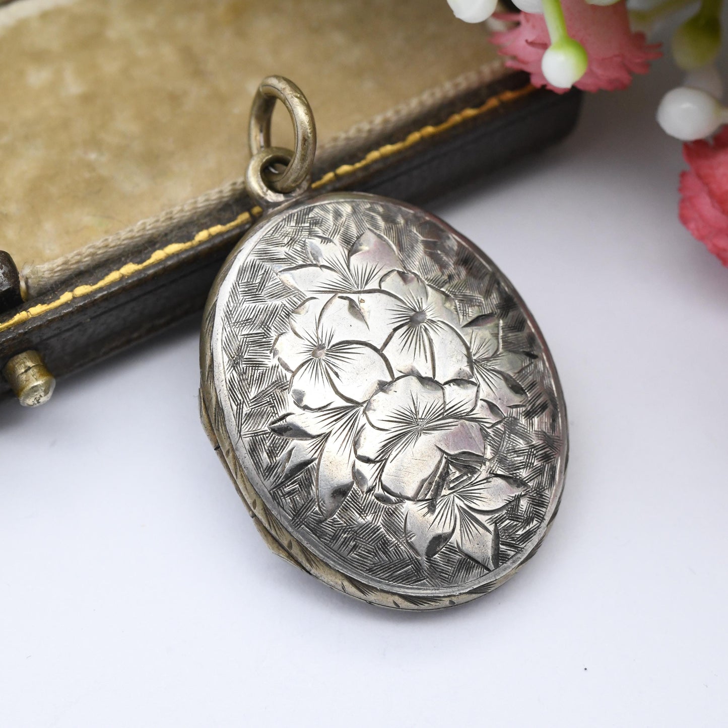 Antique Victorian Locket Pendant Sterling Silver Back and Front with Engraved Flower and Ivy Leaf Design - Oval Necklace Sentimental Gift