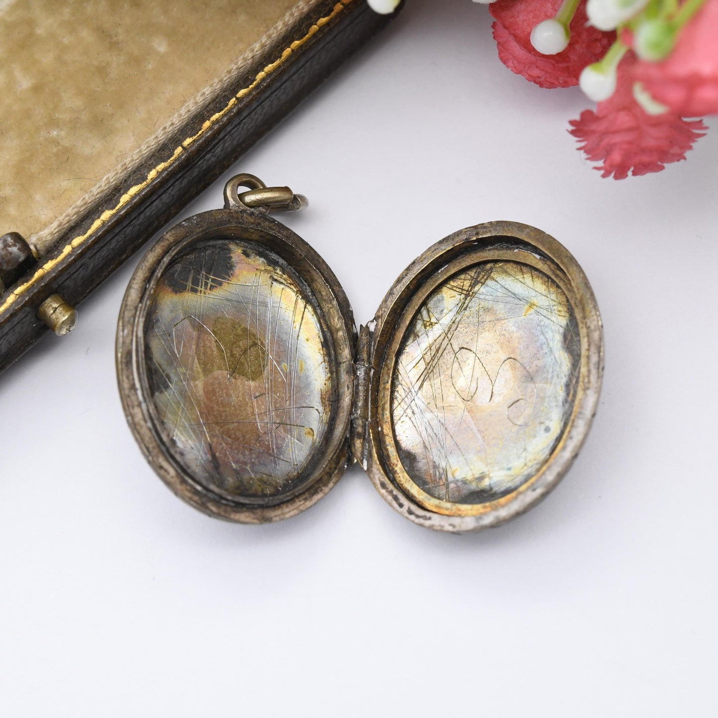 Antique Victorian Locket Pendant Sterling Silver Back and Front with Engraved Flower and Ivy Leaf Design - Oval Necklace Sentimental Gift