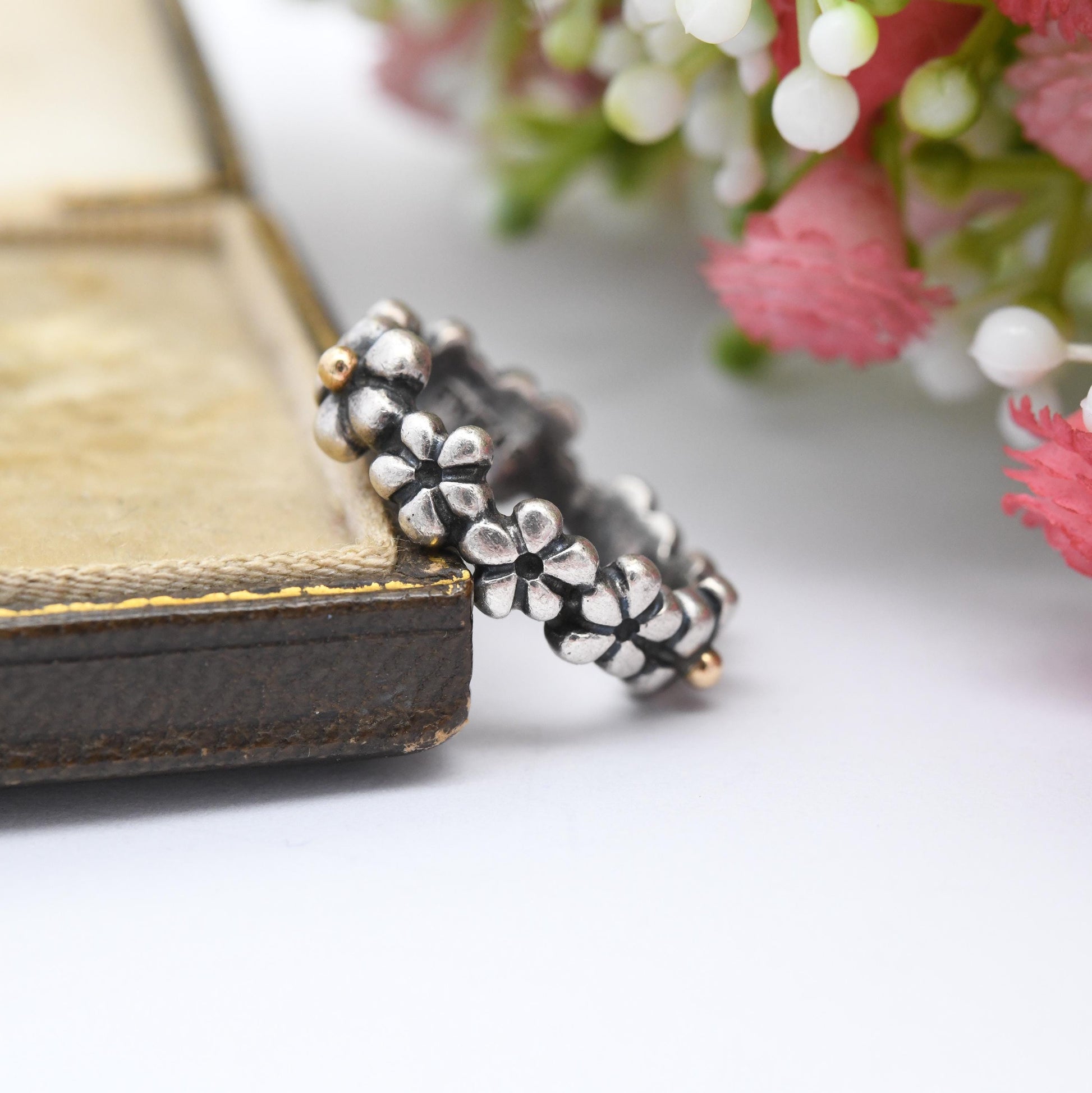 Retired Pandora Sterling Silver 14K Gold Flower Band Ring Eternity