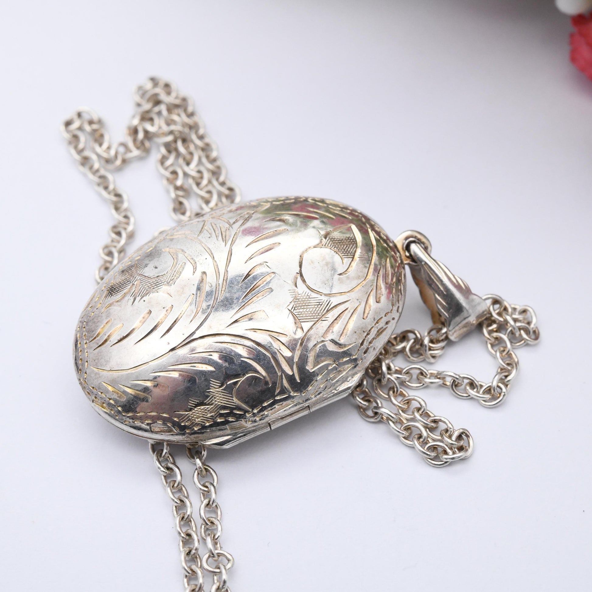 Vintage Sterling Silver Locket Pendant Necklace with Engraved Scrolling Design - Rounded Chunky Oval Shape on Long Cable Chain