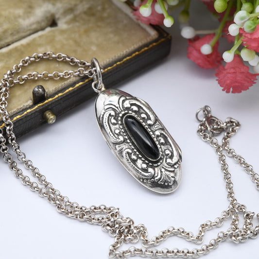 Vintage Sterling Silver Onyx Locket Pendant Necklace Ornate Design - Small Chunky Oval Shape | Long Rolo Cable Chain