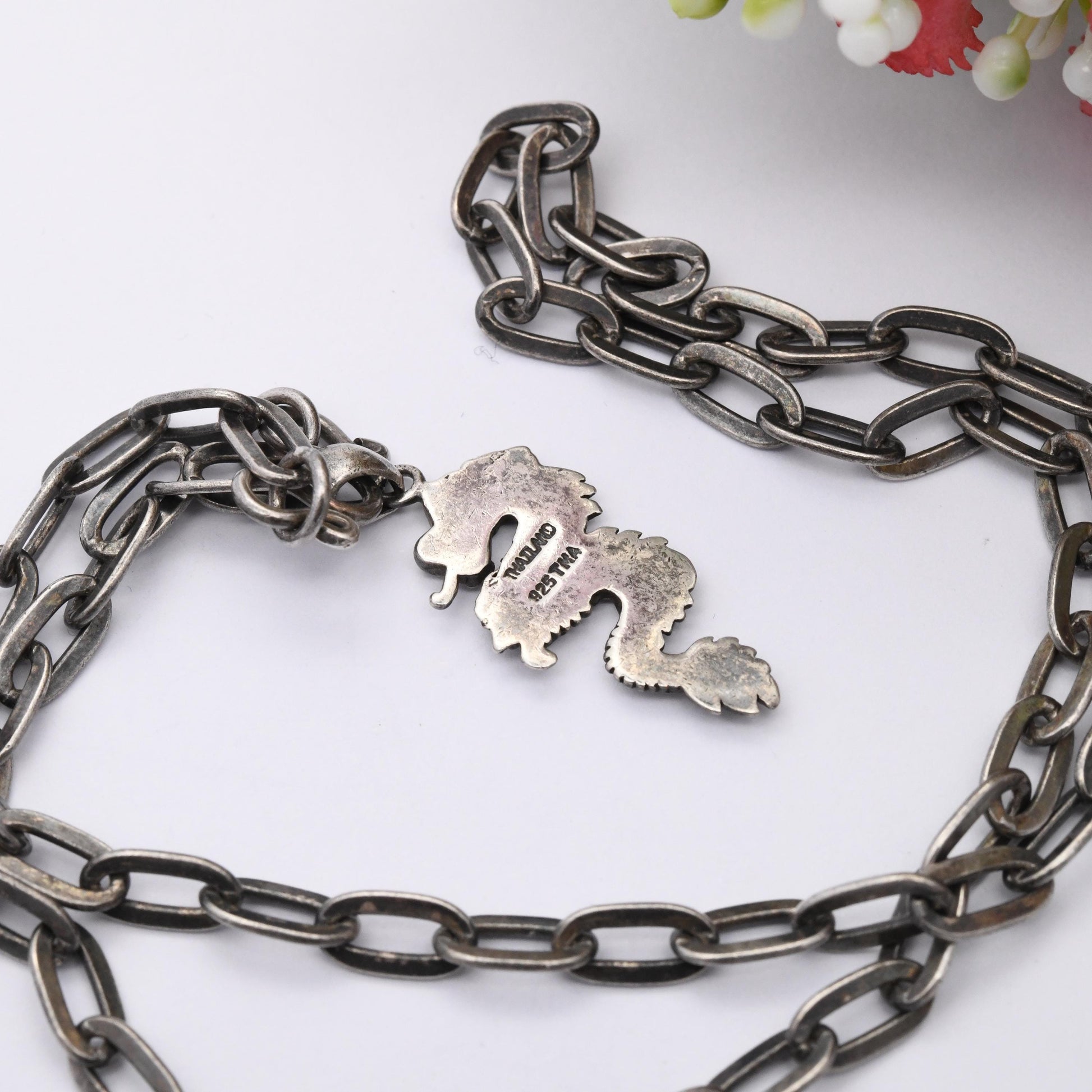 Vintage Sterling Silver Dragon Pendant Necklace Thailand TMA - Cable Link Chain Necklace Gift for Son Gift for Brother