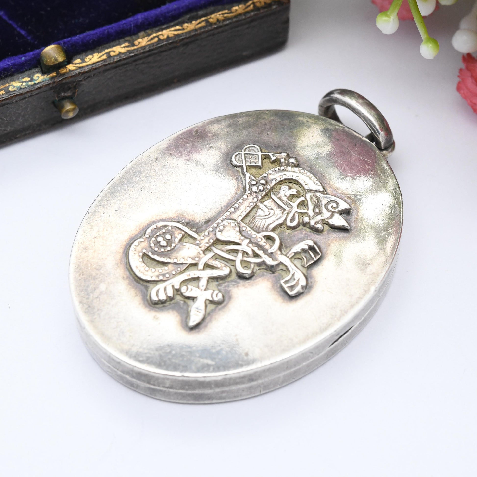 Antique Victorian Aesthetic Movement Sterling Silver Locket with Ivy Leaf Design - Large Oval Pendant | Monogram Initial F | Celtic Knot Fox