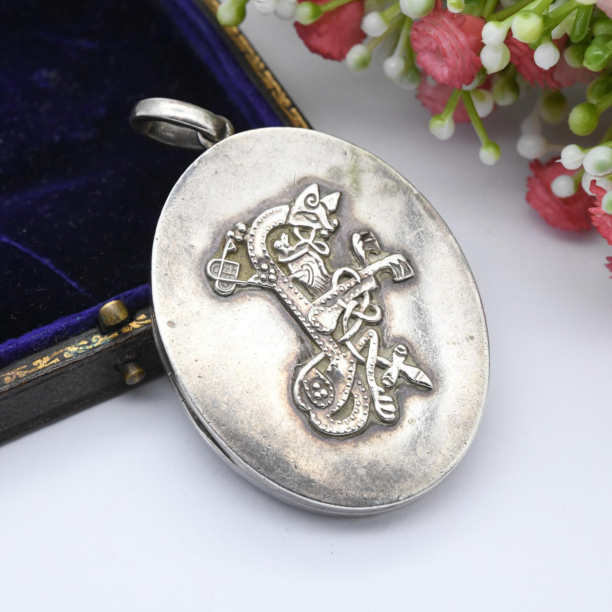 Antique Victorian Aesthetic Movement Sterling Silver Locket with Ivy Leaf Design - Large Oval Pendant | Monogram Initial F | Celtic Knot Fox