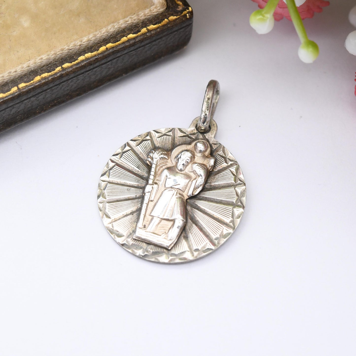 Vintage Silver St. Christopher Pendant Patron Saint of Travellers - Birthday Christening Gift | Engraved Star 3D Design for Charm Necklace