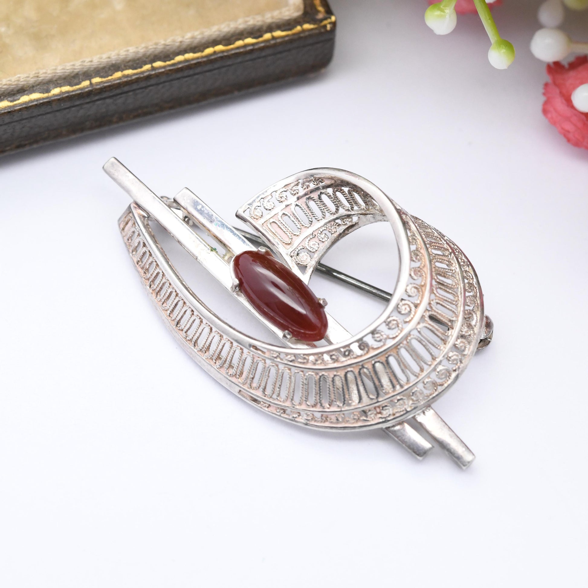 Vintage Sterling Silver Carnelian Brooch - Mid-Century Modernist Swirling Filigree Design | Cabochon Red Gemstone | European Jewellery