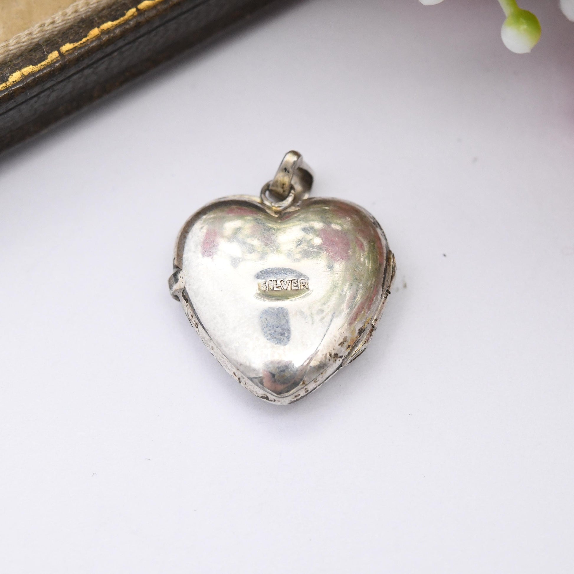 Vintage Sterling Silver Heart Locket Pendant with Engraved Scrolling Design - Small Love Heart Shape Locket Charm Pretty Gift for Her