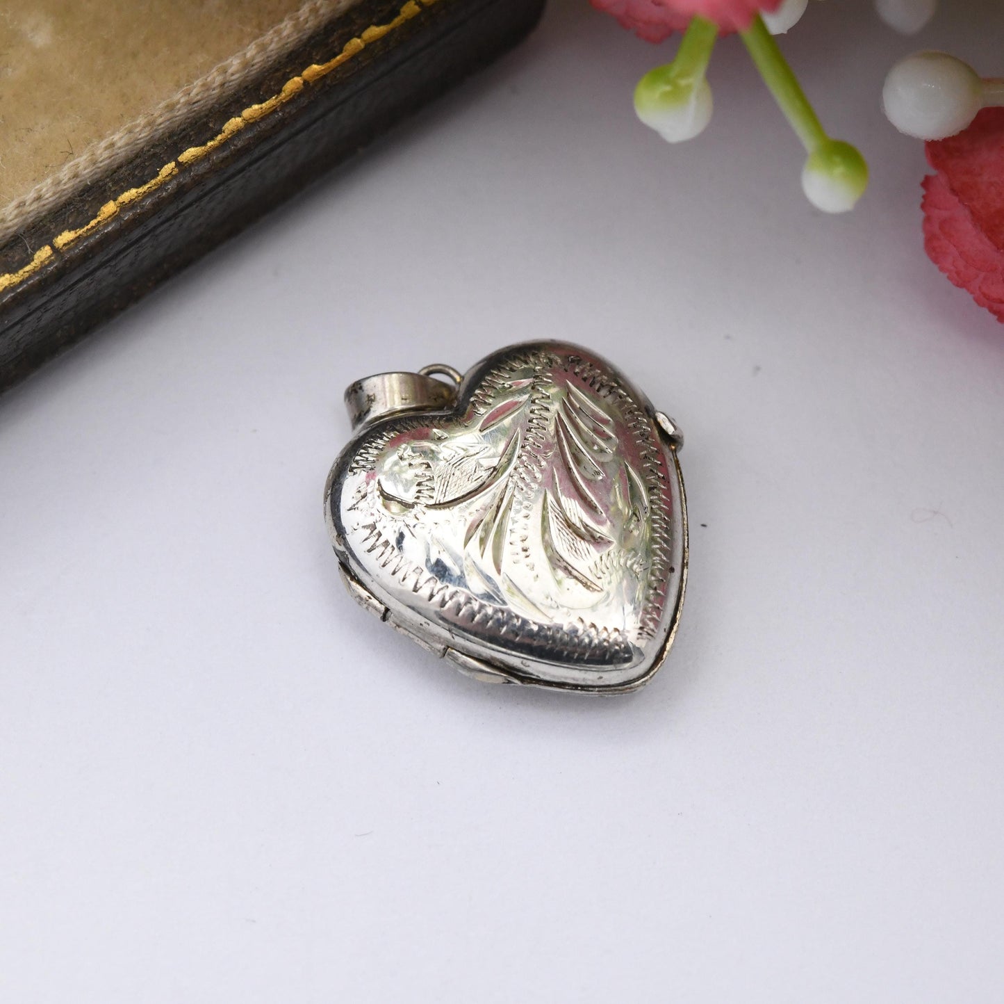 Vintage Sterling Silver Heart Locket Pendant with Engraved Scrolling Design - Small Love Heart Shape Locket Charm Pretty Gift for Her