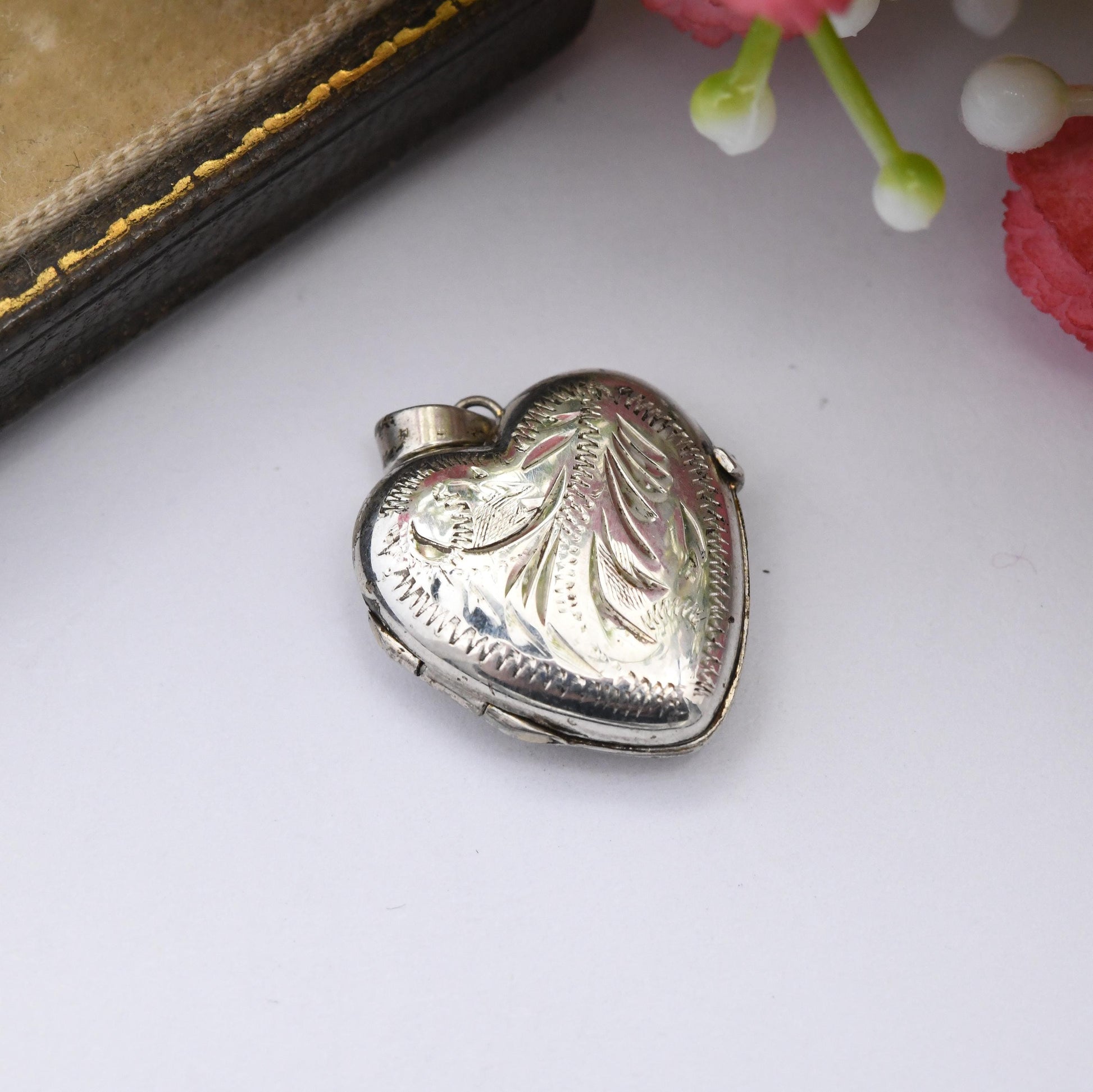 Vintage Sterling Silver Heart Locket Pendant with Engraved Scrolling Design - Small Love Heart Shape Locket Charm Pretty Gift for Her