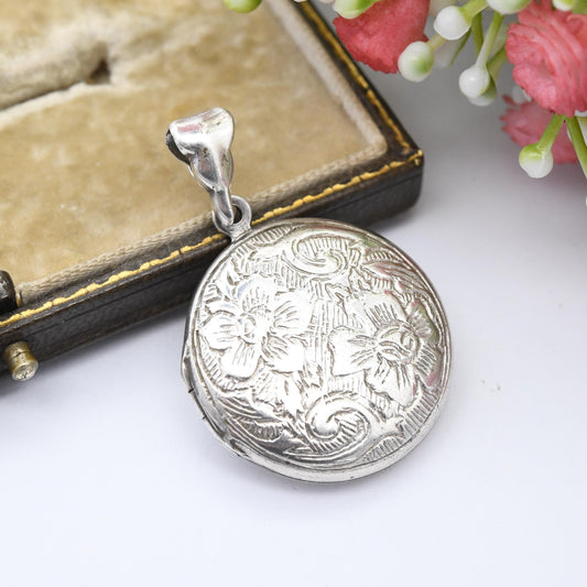 Vintage Sterling Silver Locket Pendant with Flower Engraving - Circle Shape Victorian Style Floral Decoration Pretty Gift for Her