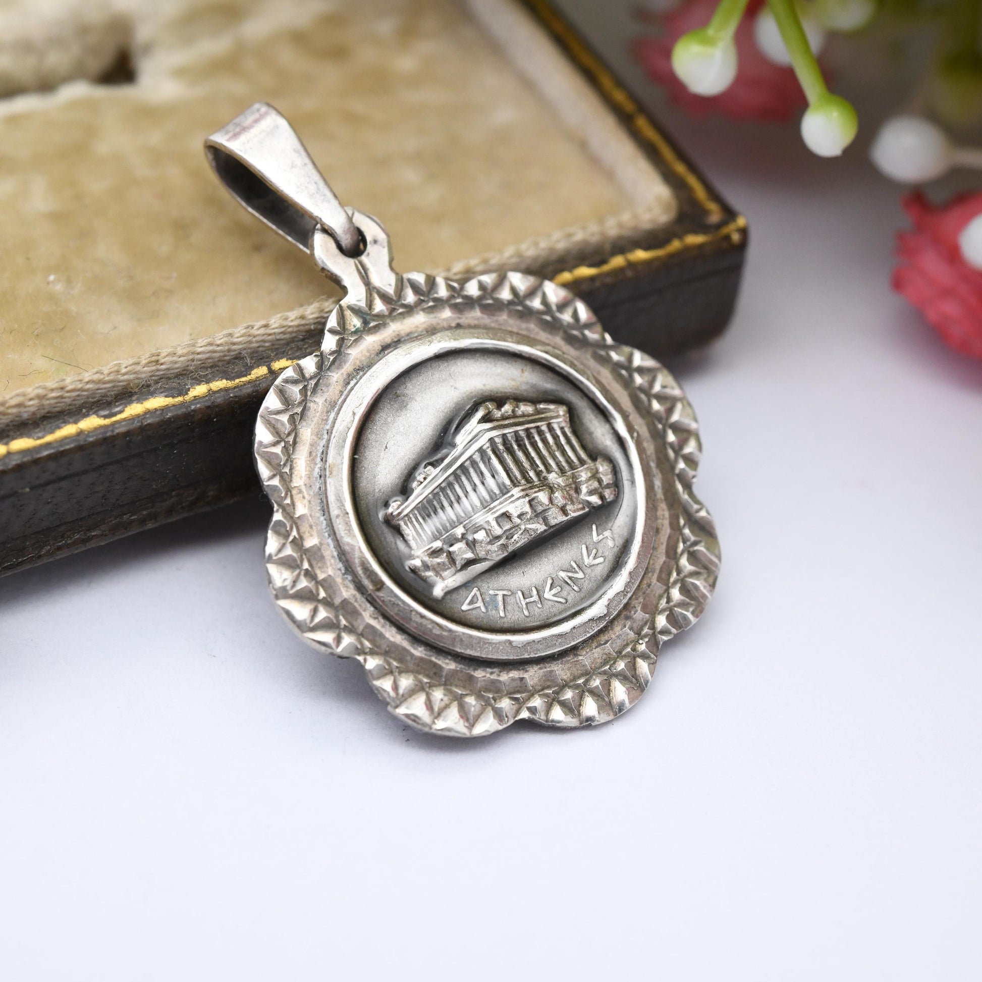 Vintage Sterling Silver Athens Parthenon Pendant Greek Acropolis Temple Souvenir - Ancient Greece Classical Student Gift | Textured Border