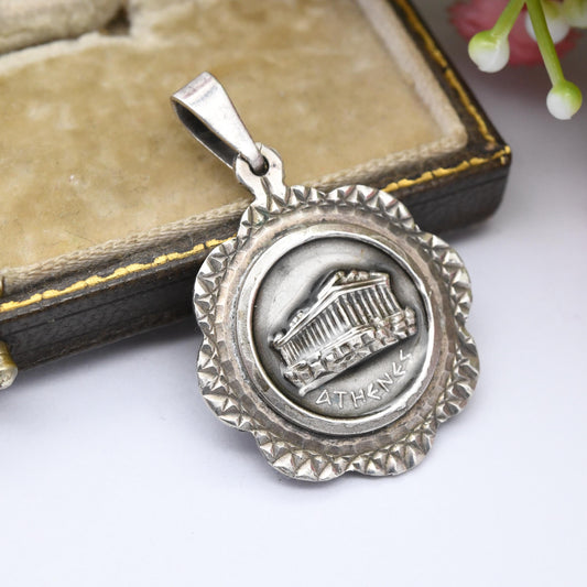 Vintage Sterling Silver Athens Parthenon Pendant Greek Acropolis Temple Souvenir - Ancient Greece Classical Student Gift | Textured Border