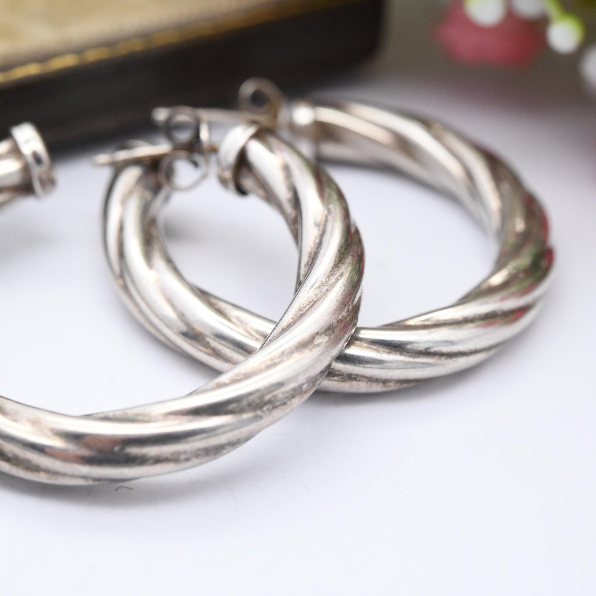 Vintage Sterling Silver Large Hoop Earrings - Made in Italy Italian Circular Hoops | Chunky Silver Twist Earrings