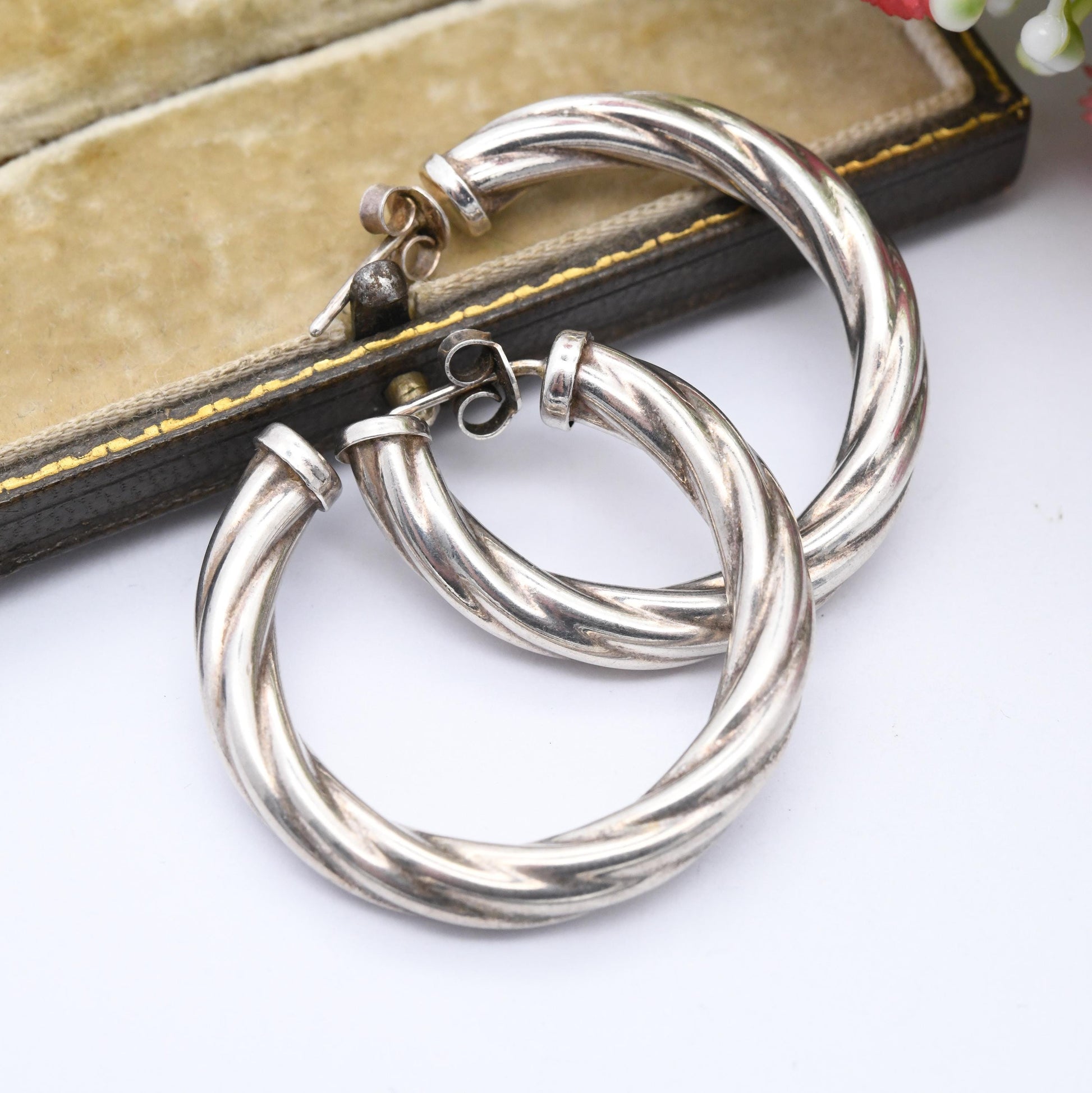 Vintage Sterling Silver Large Hoop Earrings - Made in Italy Italian Circular Hoops | Chunky Silver Twist Earrings