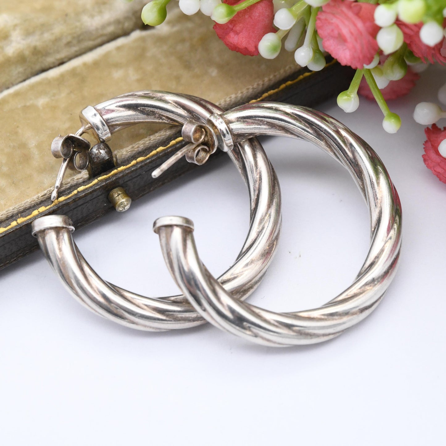 Vintage Sterling Silver Large Hoop Earrings - Made in Italy Italian Circular Hoops | Chunky Silver Twist Earrings