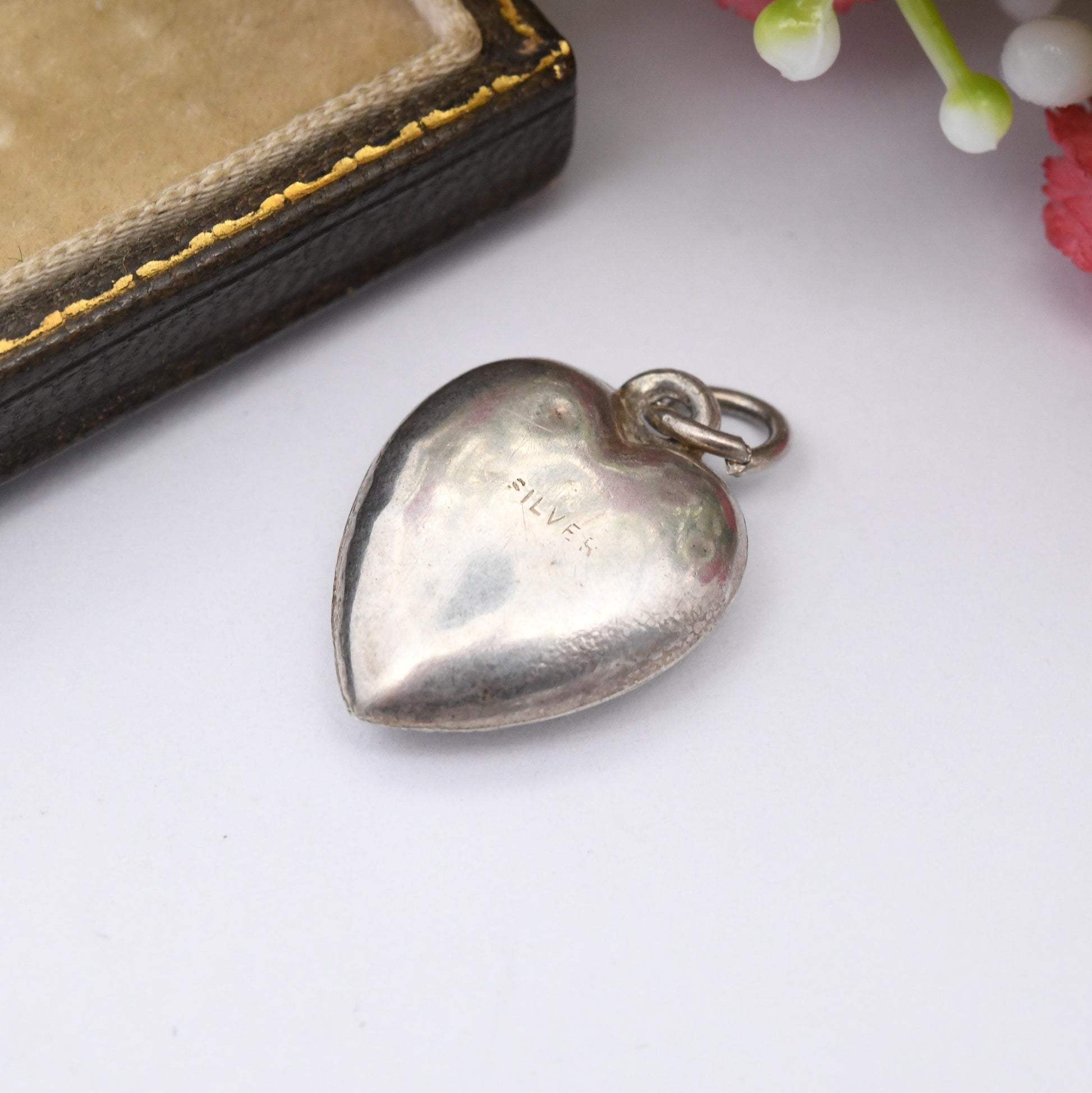 Vintage Sterling Silver Puffed Heart Charm Pendant with Engraved Bird on a Branch Design - Animal Small Love Heart Gift Charm Necklace Stack