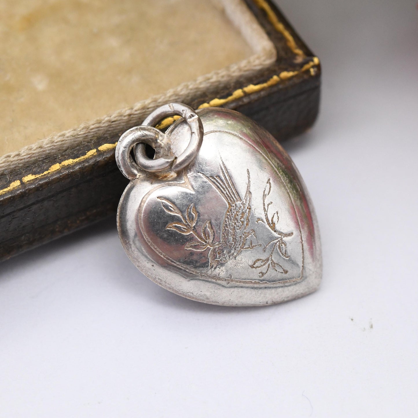 Vintage Sterling Silver Puffed Heart Charm Pendant with Engraved Bird on a Branch Design - Animal Small Love Heart Gift Charm Necklace Stack