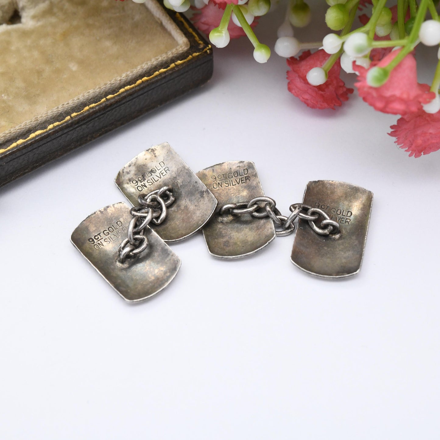 Vintage 9ct Gold on Silver Cufflinks Engine Turned Line Design - True Vintage Gift for Dad Graduation Present for Brother Son Art Deco Style