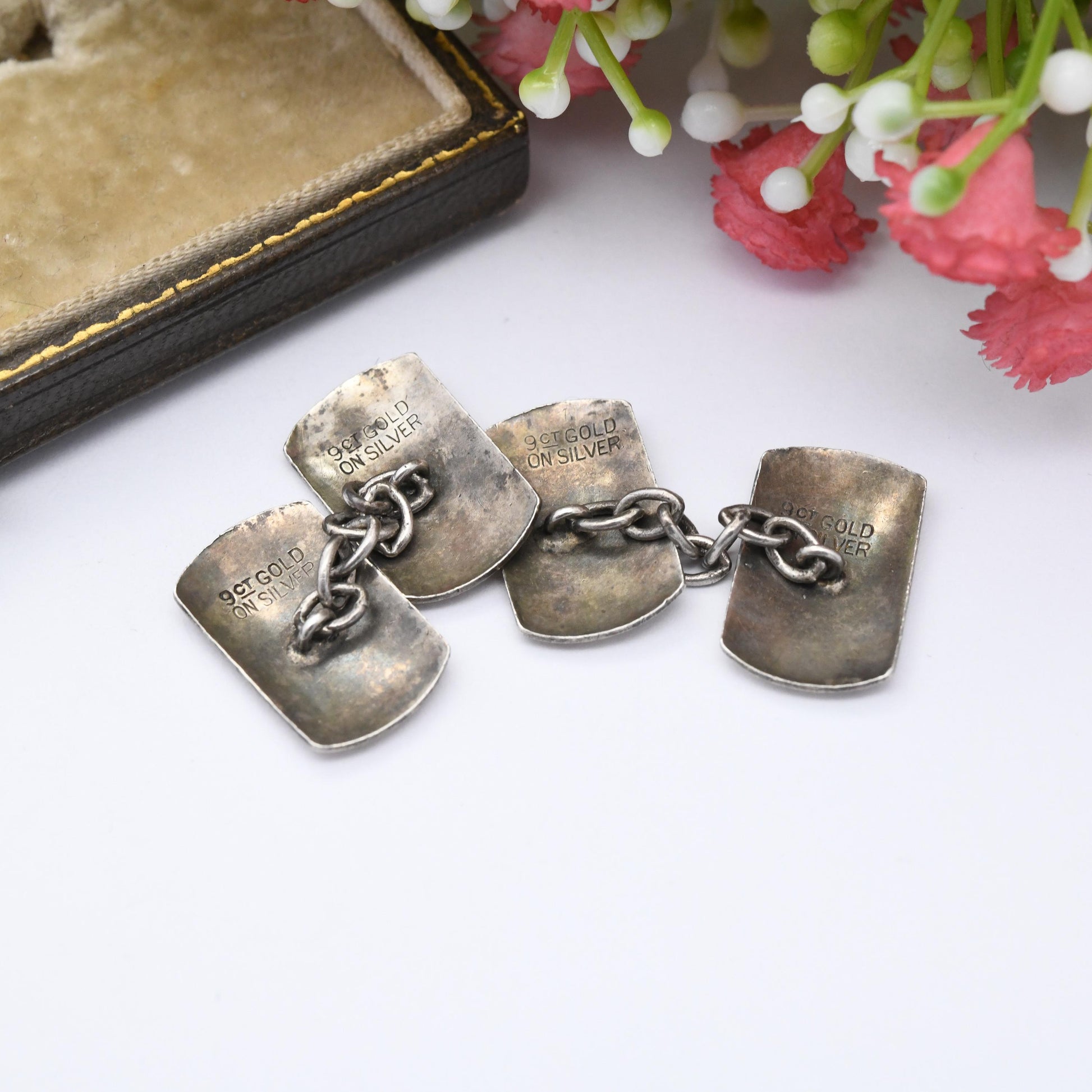Vintage 9ct Gold on Silver Cufflinks Engine Turned Line Design - True Vintage Gift for Dad Graduation Present for Brother Son Art Deco Style