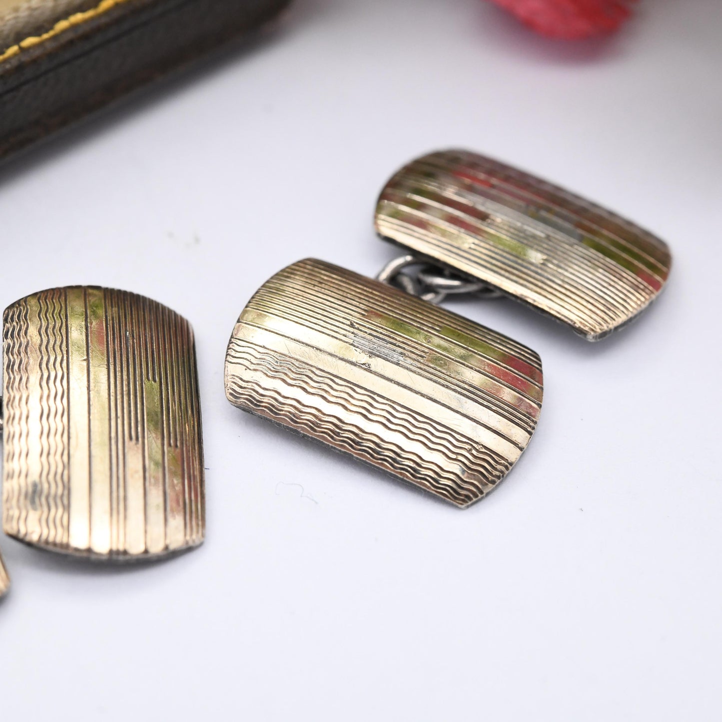 Vintage 9ct Gold on Silver Cufflinks Engine Turned Line Design - True Vintage Gift for Dad Graduation Present for Brother Son Art Deco Style