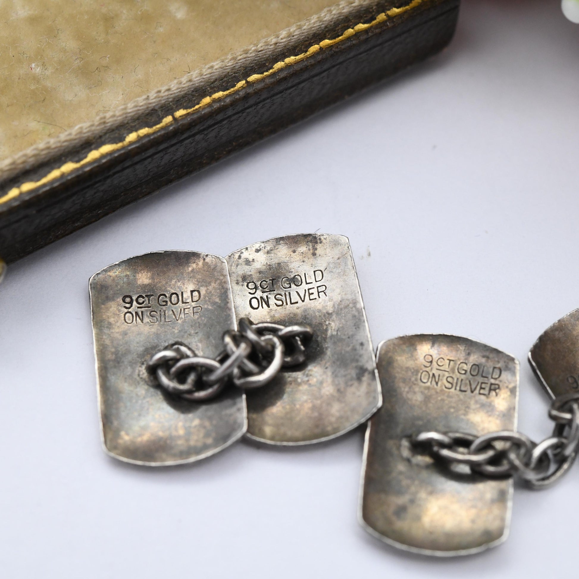Vintage 9ct Gold on Silver Cufflinks Engine Turned Line Design - True Vintage Gift for Dad Graduation Present for Brother Son Art Deco Style