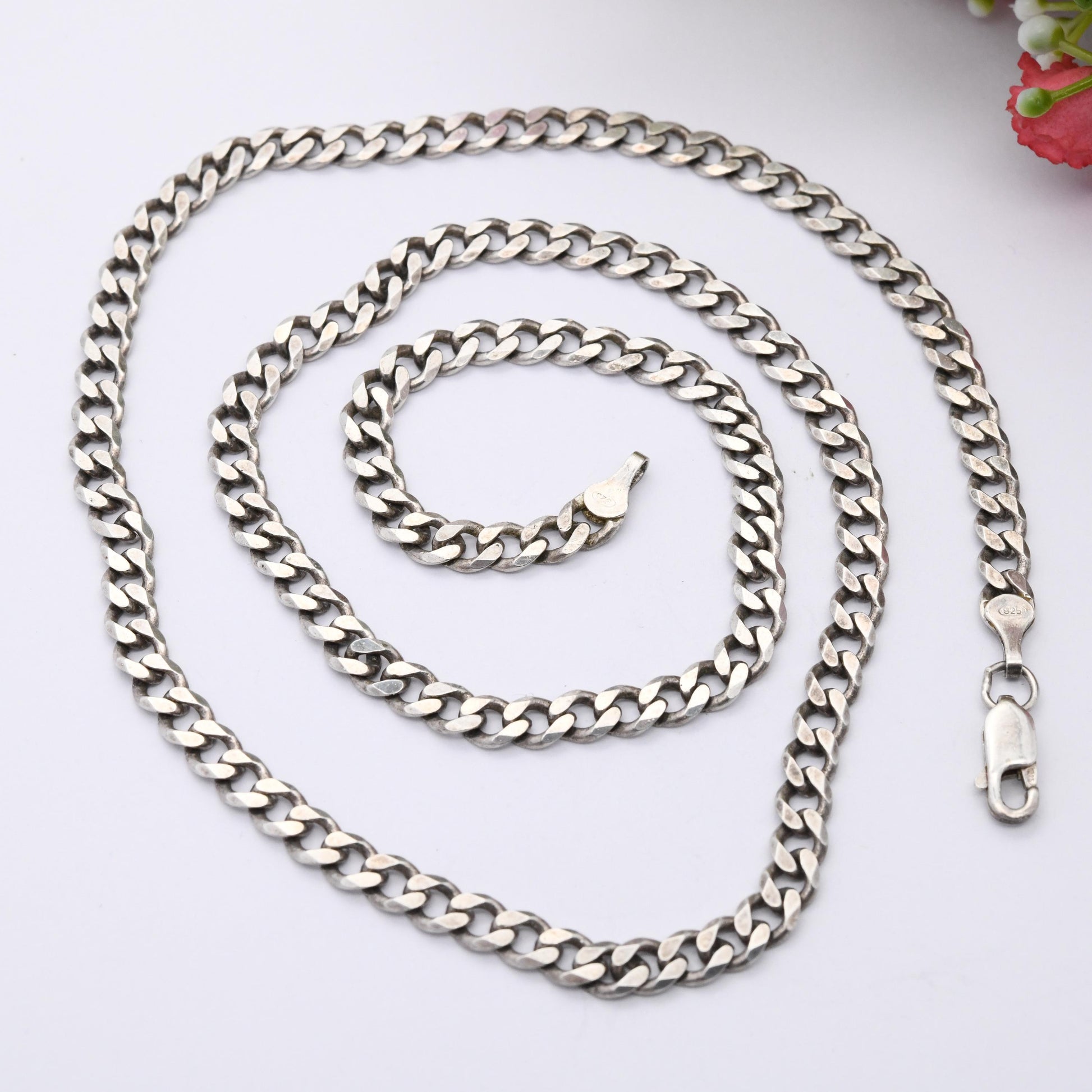 Vintage Mexican Sterling Silver Curb Link Chain Necklace MD28V - Y2K Flat Curb Cuban Link | Heavy Silver Necklace Gift for Son Brother | 22"