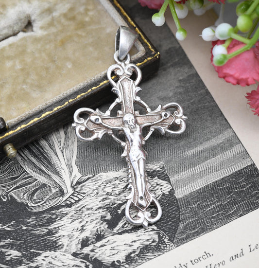 Vintage Sterling Silver Jesus on the Cross Pendant Ornate Design - Antique Style Christian Gift for Baptism Christening | Necklace Stack