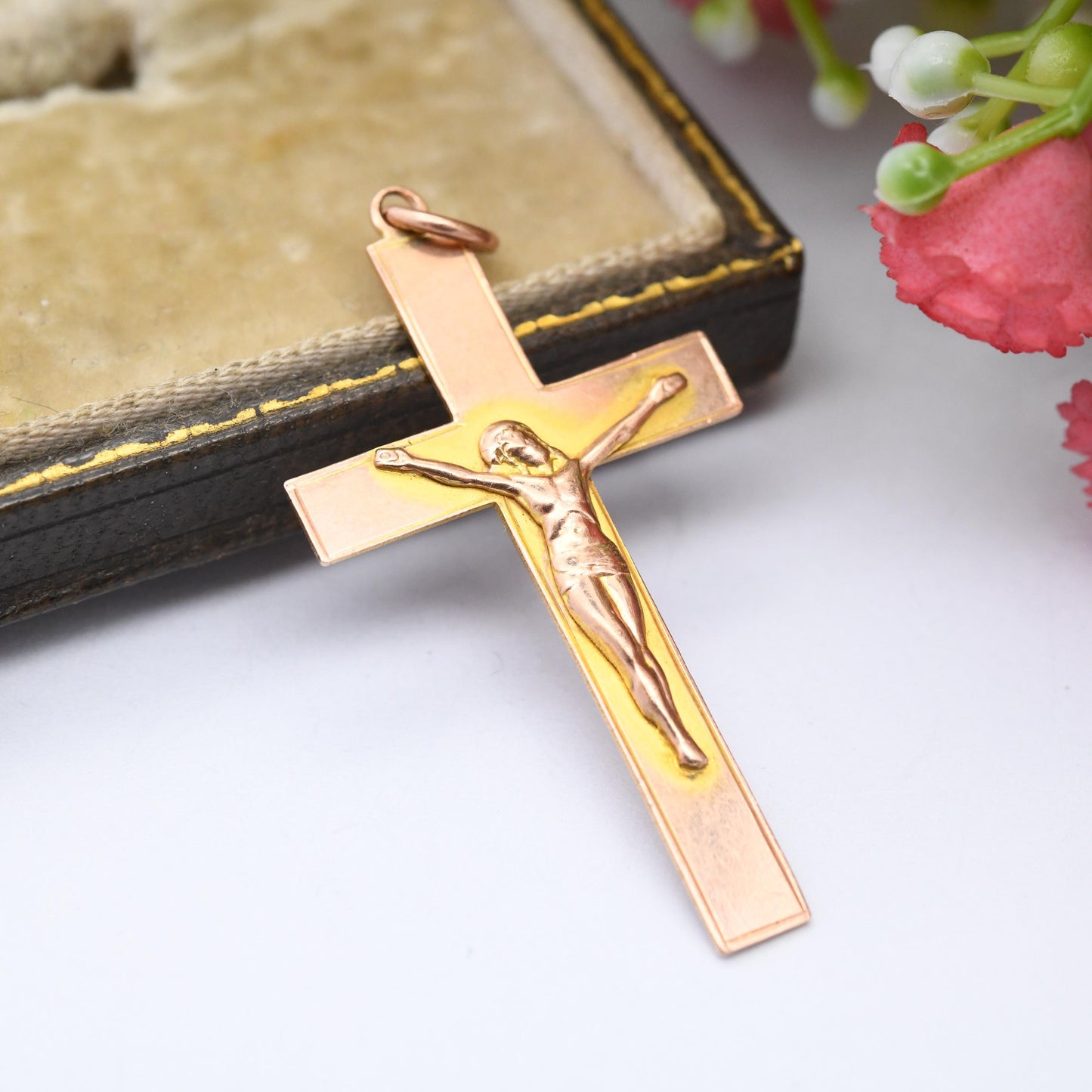 Antique 9ct Gold Jesus on the Cross Pendant - Gift for Christening Baptism | Antique Rose Gold Yellow Gold | 3D Image