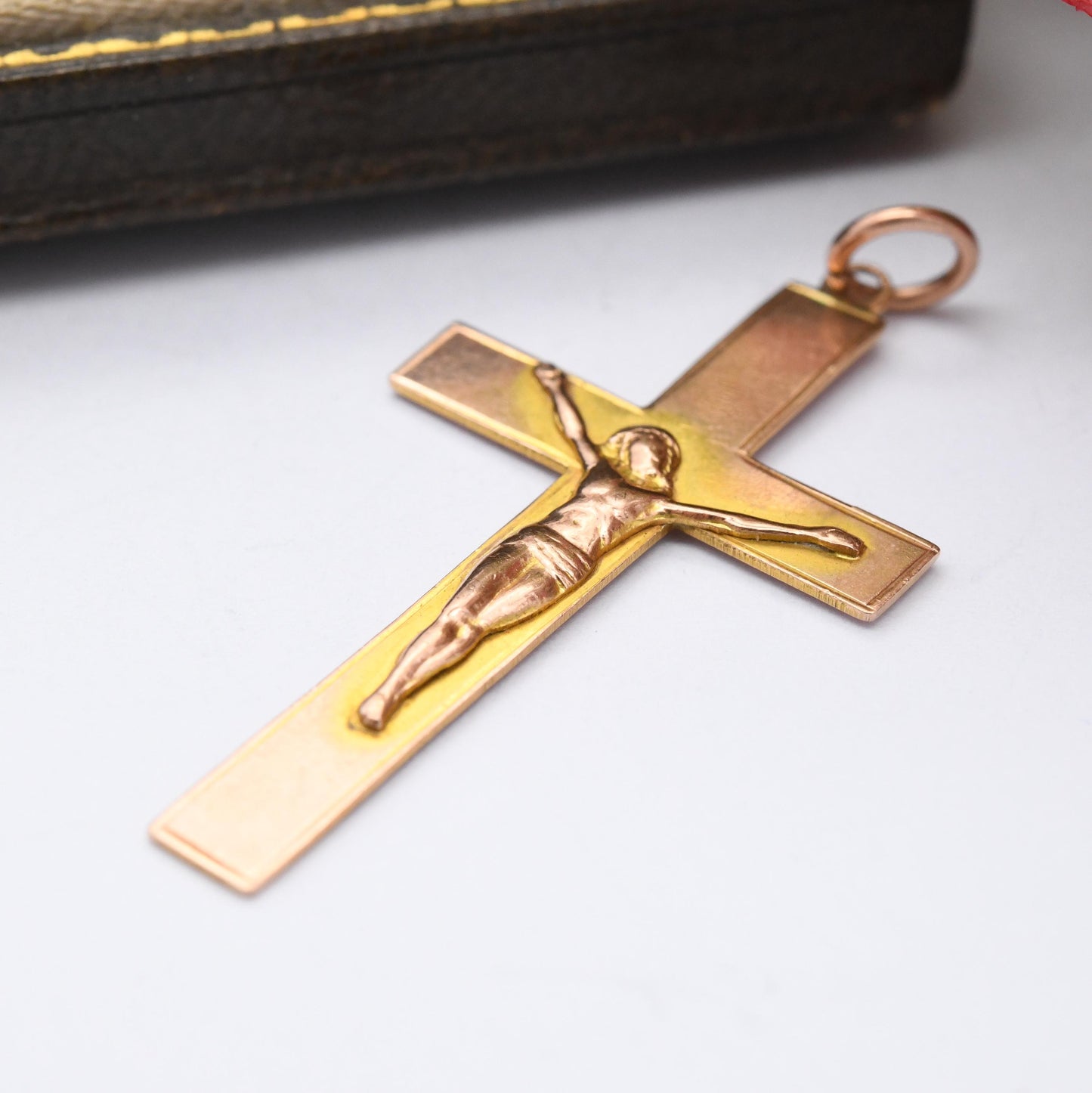 Antique 9ct Gold Jesus on the Cross Pendant - Gift for Christening Baptism | Antique Rose Gold Yellow Gold | 3D Image