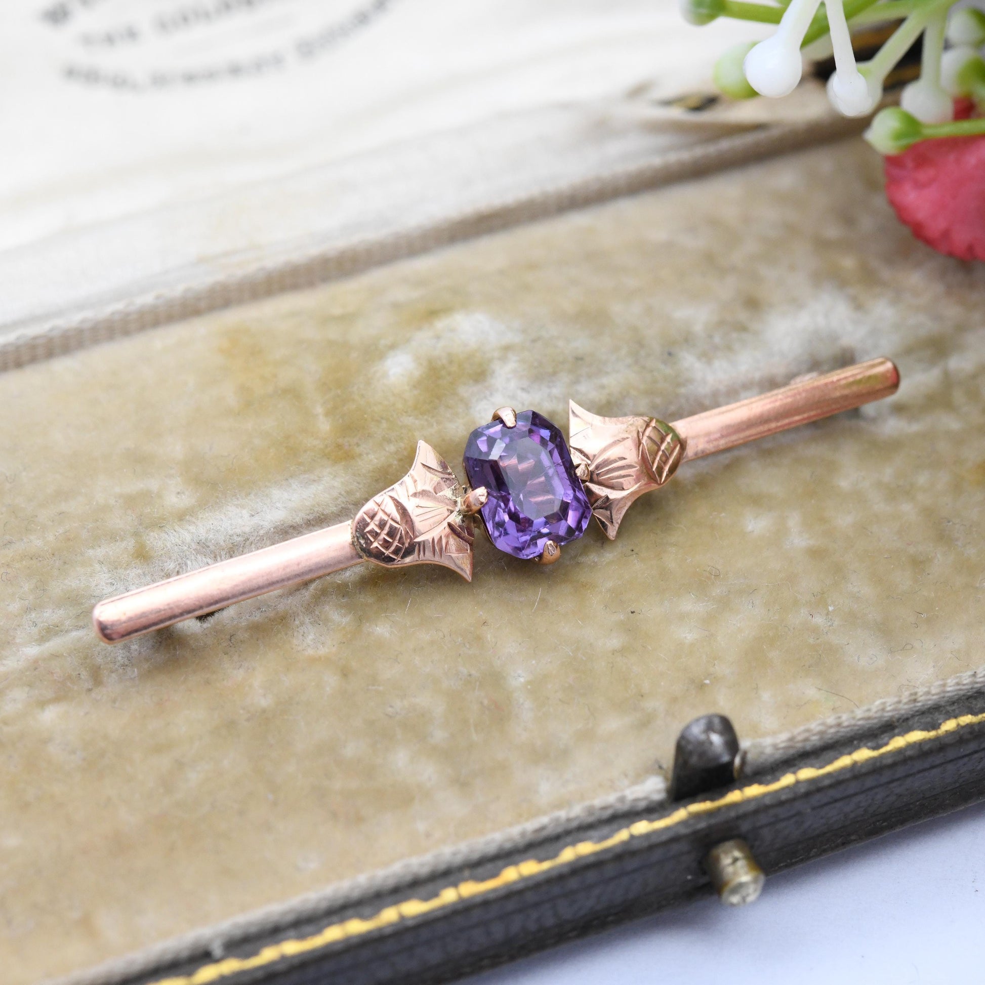 Vintage 9ct Gold Thistle Gemstone Bar Brooch - True Vintage Scottish Flower Design Solitaire Faceted Purple Gemstone Pretty Gift for Her