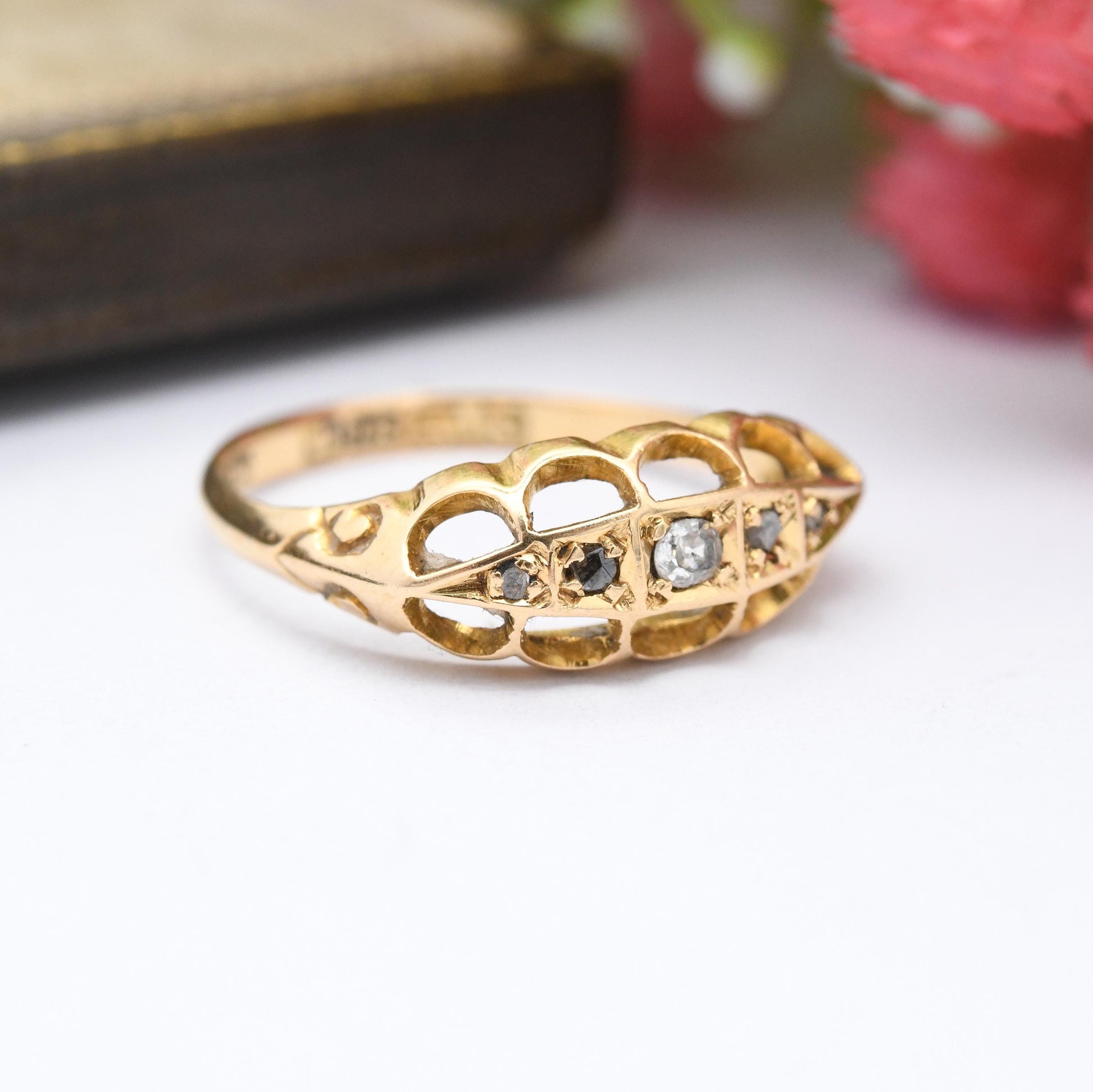 Antique 18ct Gold Old Cut Diamond Boat Ring 1917 - 20th Century Pretty Five Stone Ring Gift for Her | UK Size - N | US Size - 6 3/4