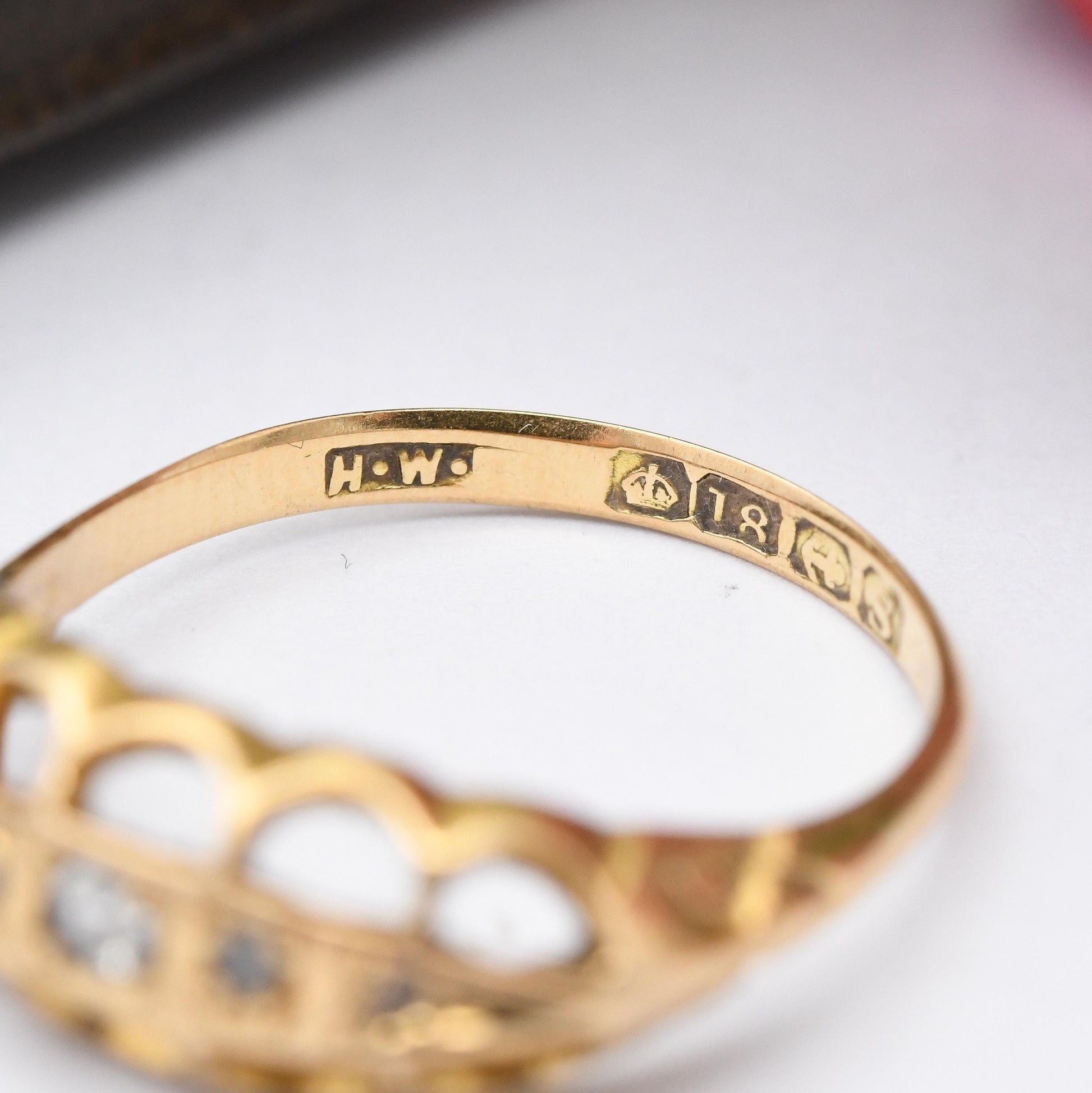 Antique 18ct Gold Old Cut Diamond Boat Ring 1917 - 20th Century Pretty Five Stone Ring Gift for Her | UK Size - N | US Size - 6 3/4