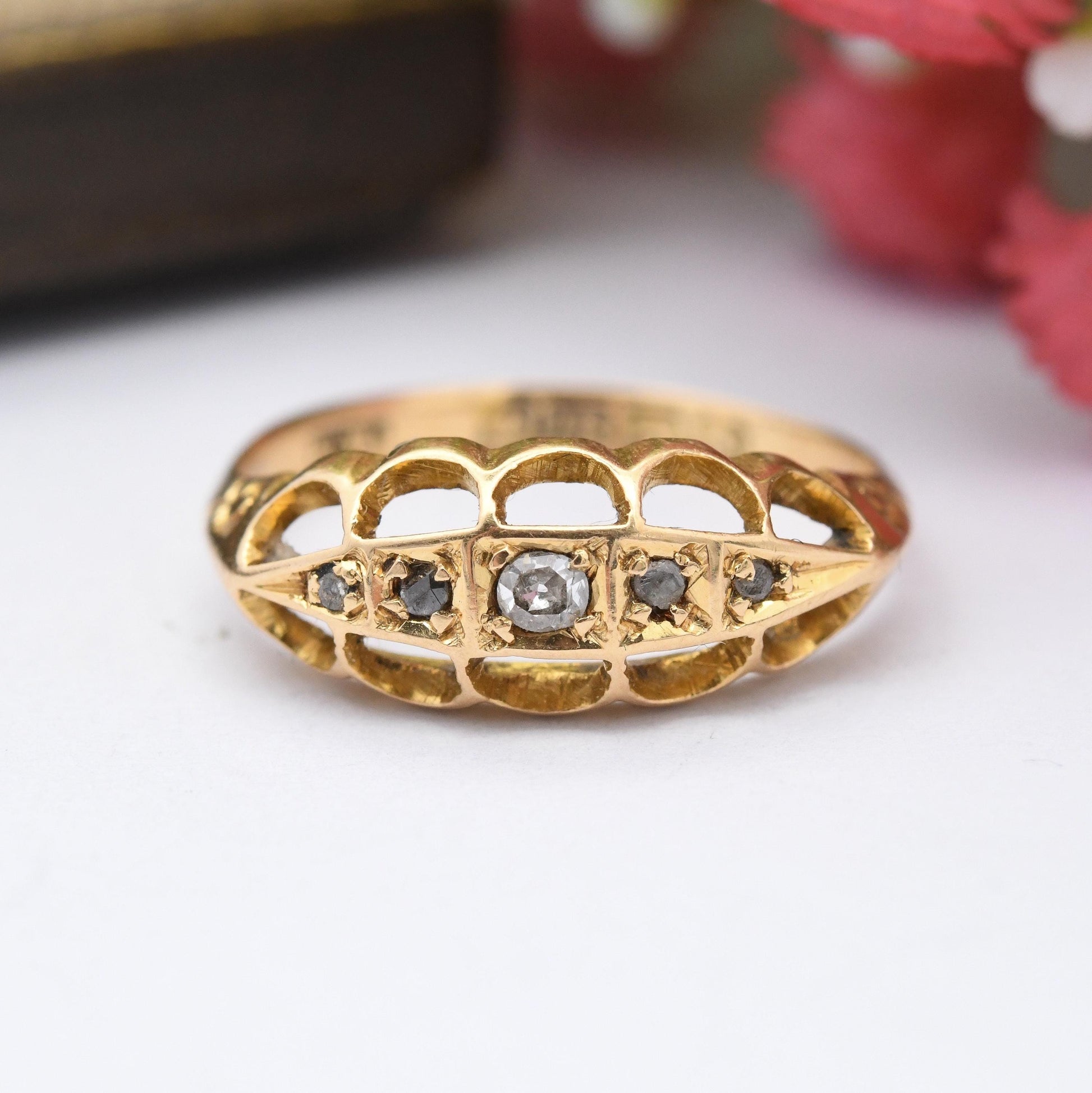 Antique 18ct Gold Old Cut Diamond Boat Ring 1917 - 20th Century Pretty Five Stone Ring Gift for Her | UK Size - N | US Size - 6 3/4