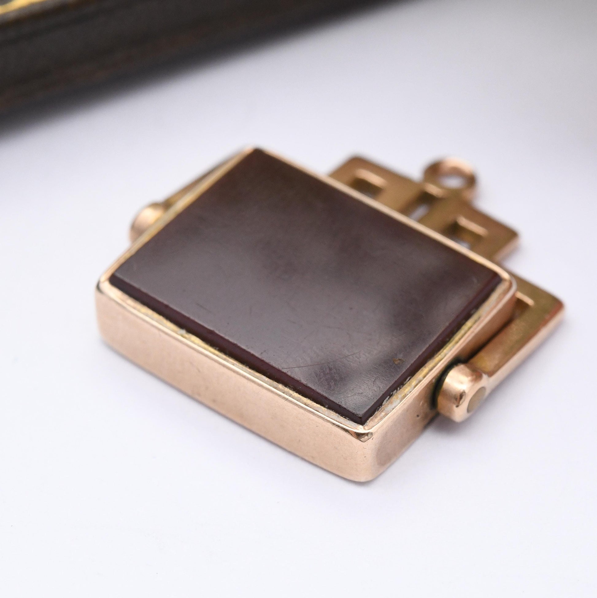 Antique 9ct Gold Carnelian Spinner Fob Pendant - Gemstone Watch Fob Charm Meander Greek Key Frame for Charm Necklace Stack Henry Williamson
